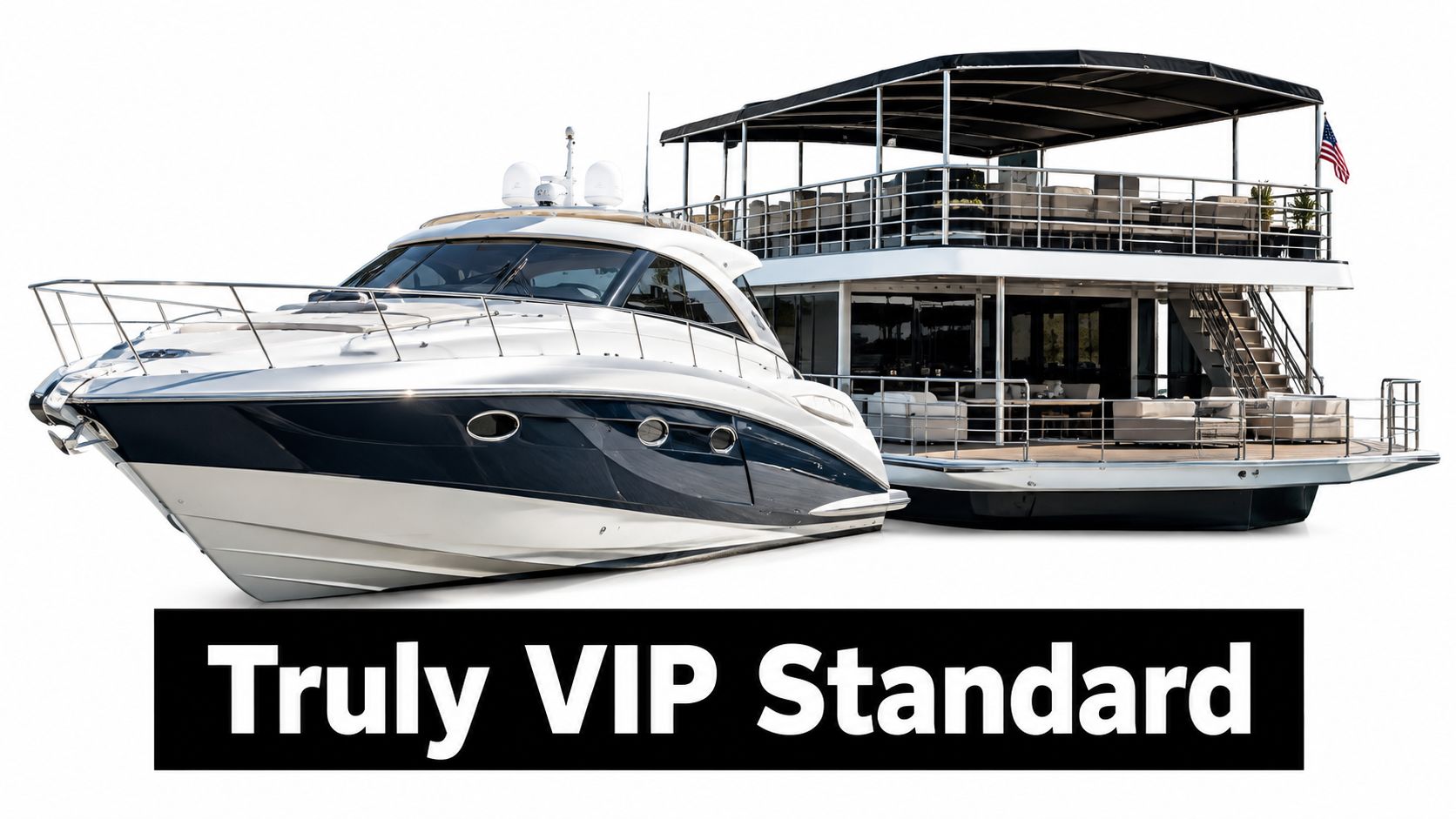 A luxurious yacht and party boat docked together, representing high-end VIP boat rentals on Lake Travis.