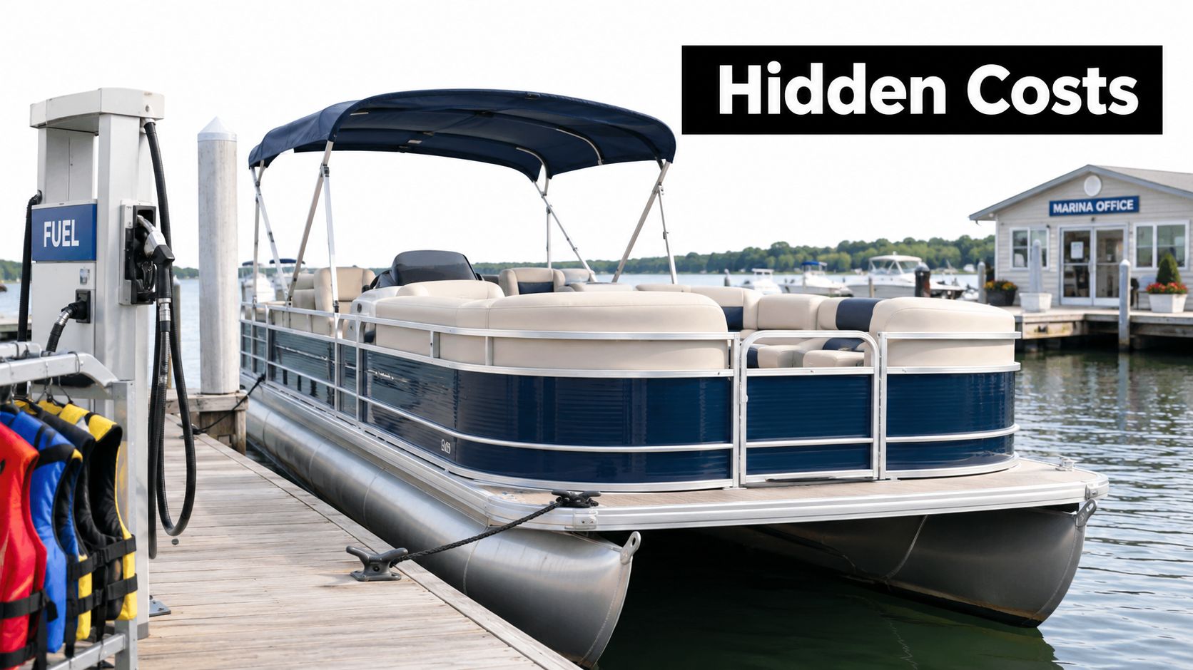 A modern blue and beige pontoon boat docked at a marina fuel pump station.