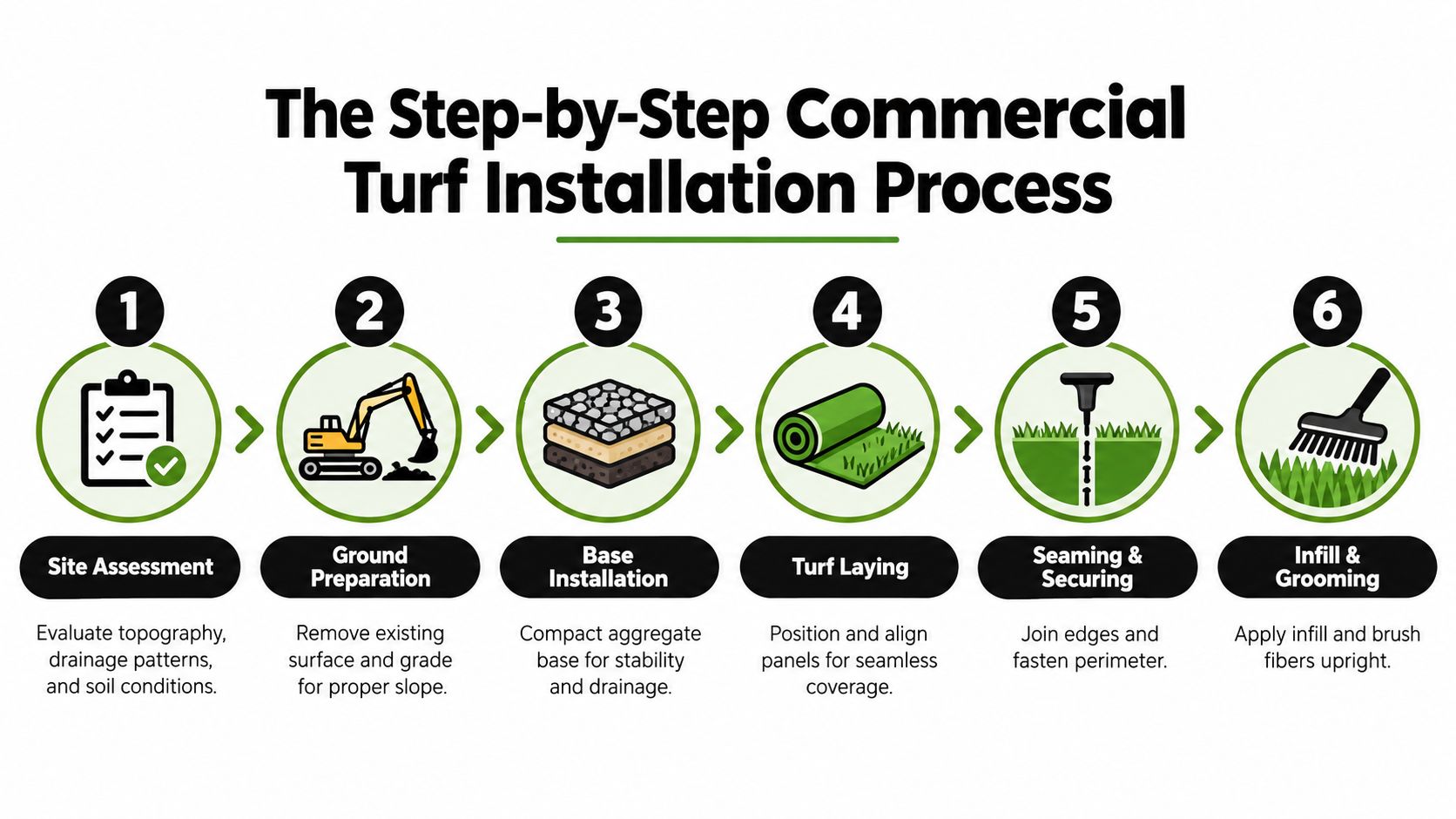 A six-step infographic detailing the commercial turf installation process from site assessment to final grooming.