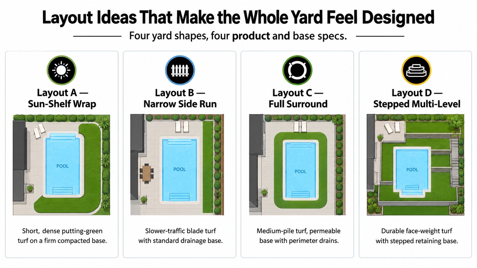 Four different backyard landscaping layouts featuring artificial grass designs around a swimming pool for a professional look.
