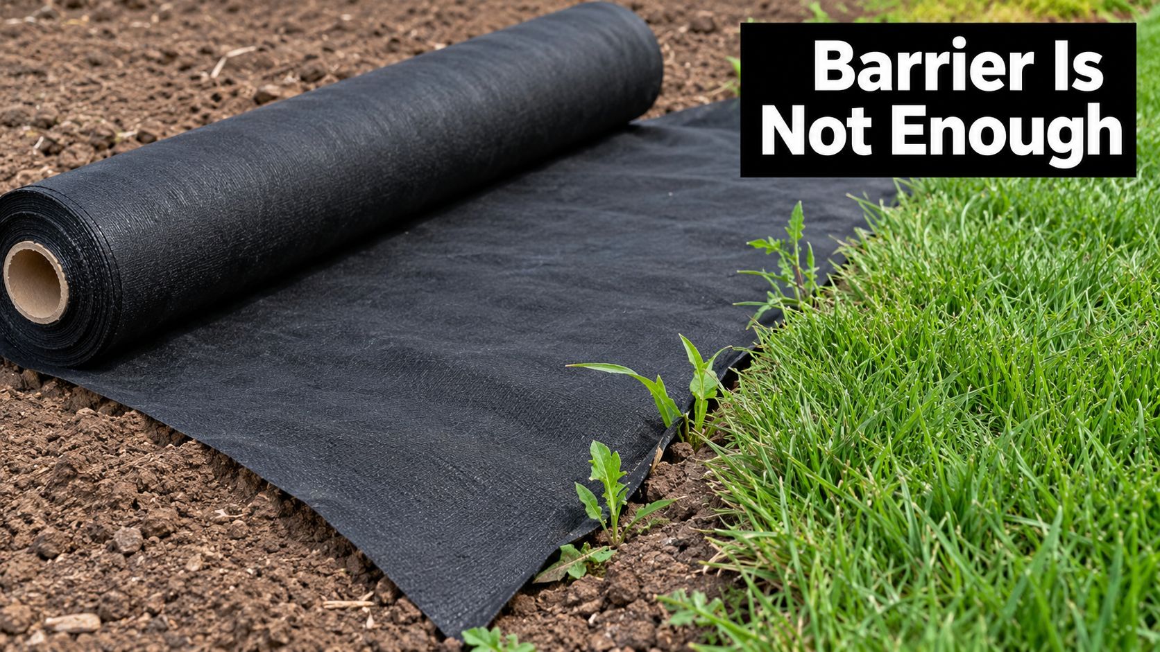 A roll of black landscape fabric on bare soil next to green grass with some emerging weeds.