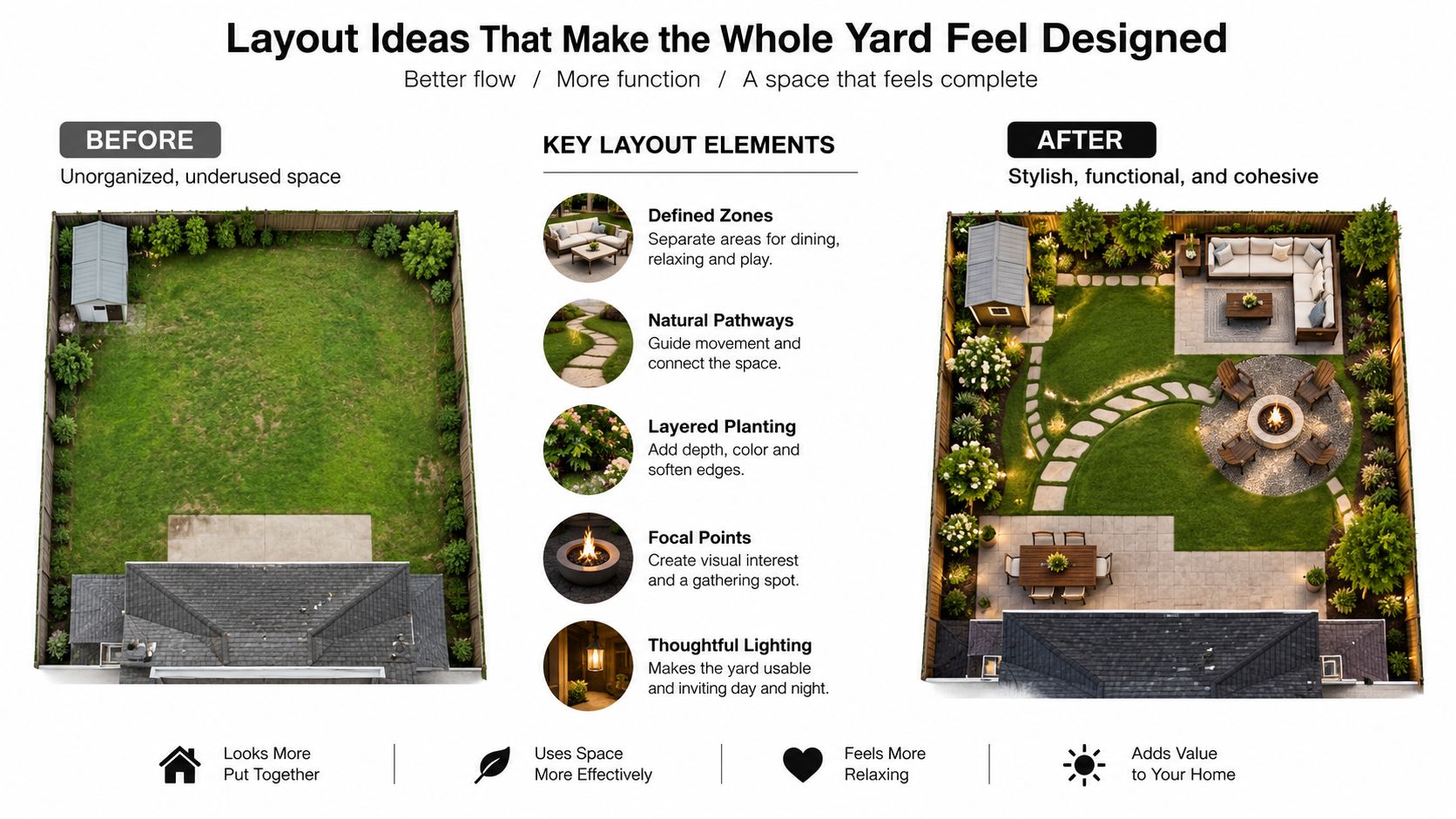 A comparative illustration showing a disorganized backyard transformation into a cohesive, functional space with distinct landscaping zones.