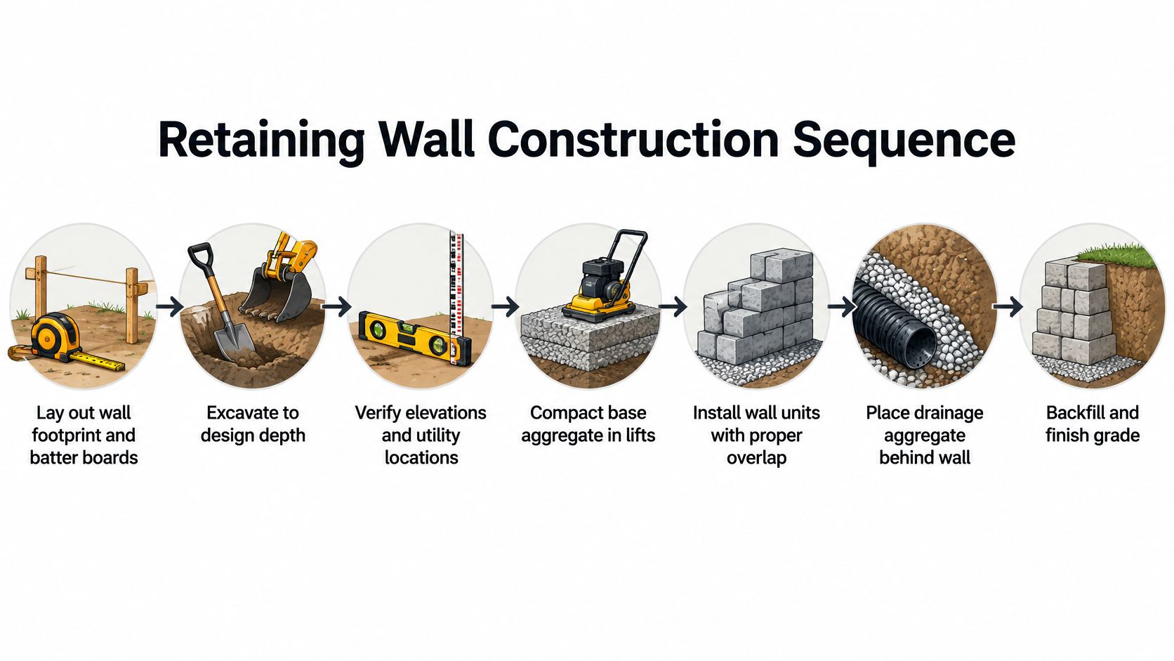 A step-by-step illustrated guide showing the construction sequence for building a professional retaining wall in a yard.