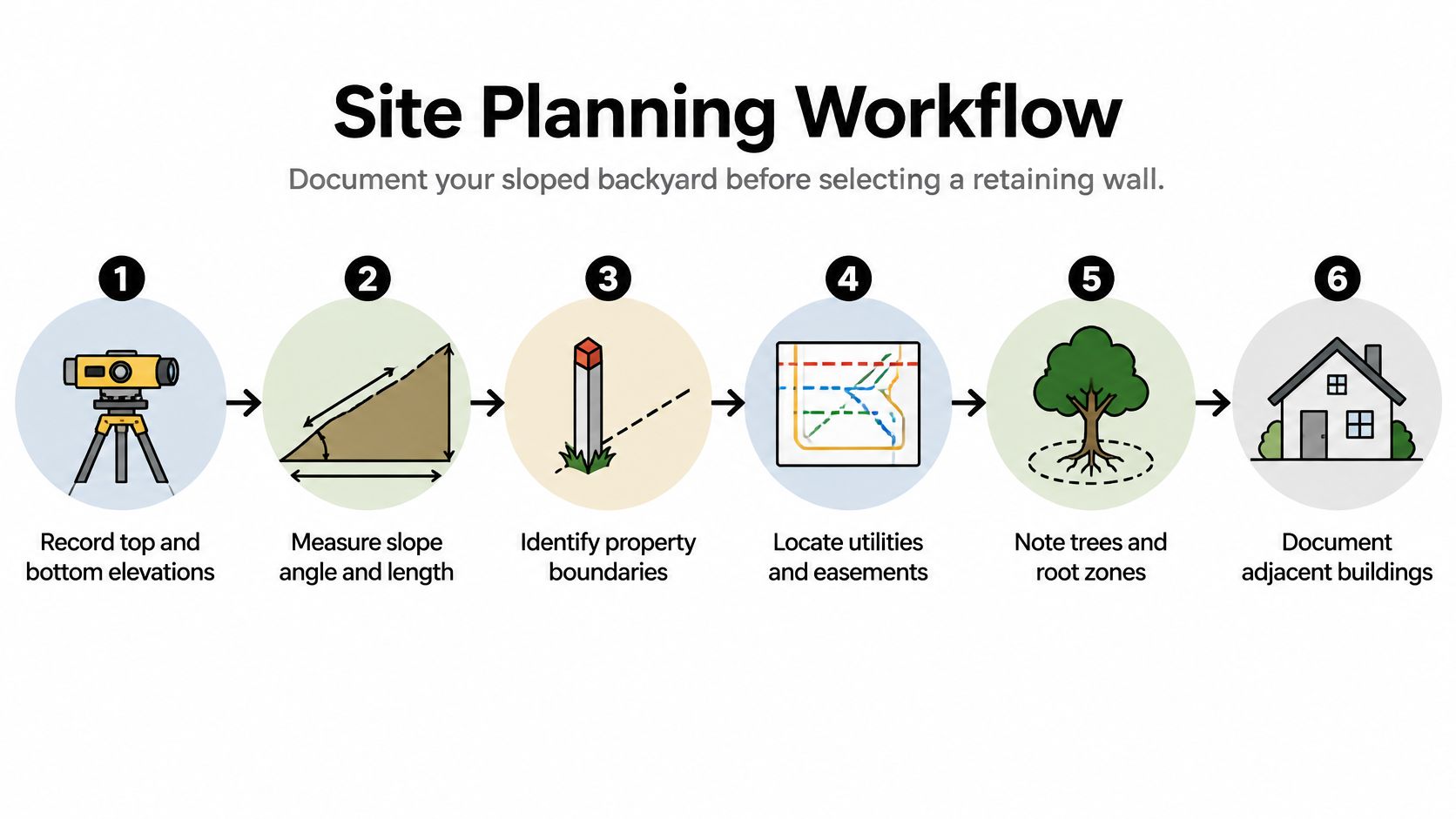 A six-step site planning workflow illustration for preparing a sloped backyard for a retaining wall installation.