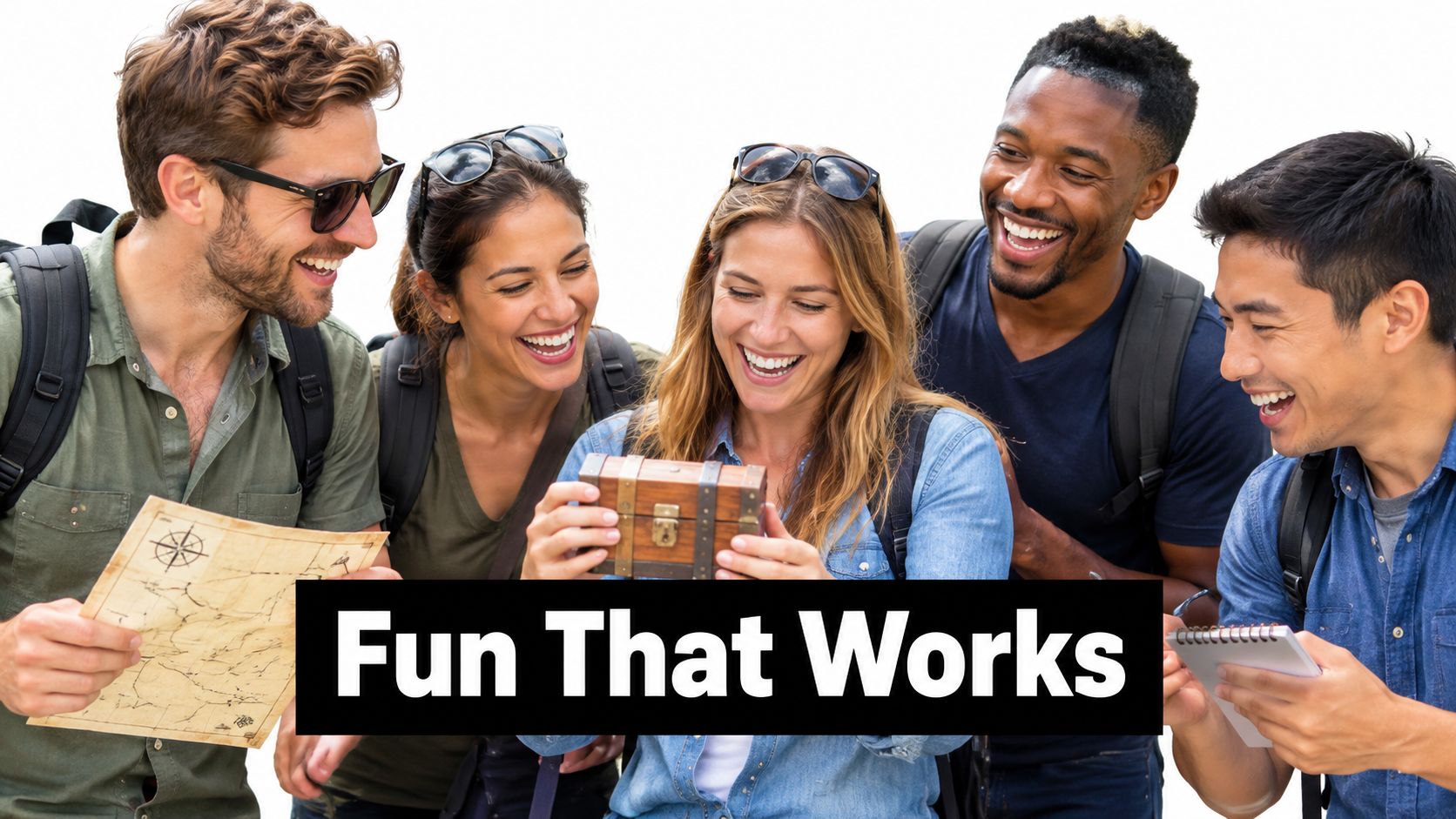 A diverse group of happy professionals smiling while collaborating together and holding a small treasure chest.