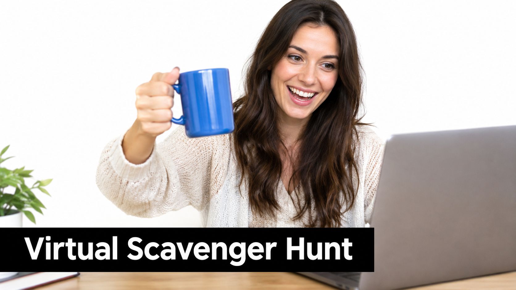 A woman holding a blue mug while participating in a virtual scavenger hunt on her laptop.