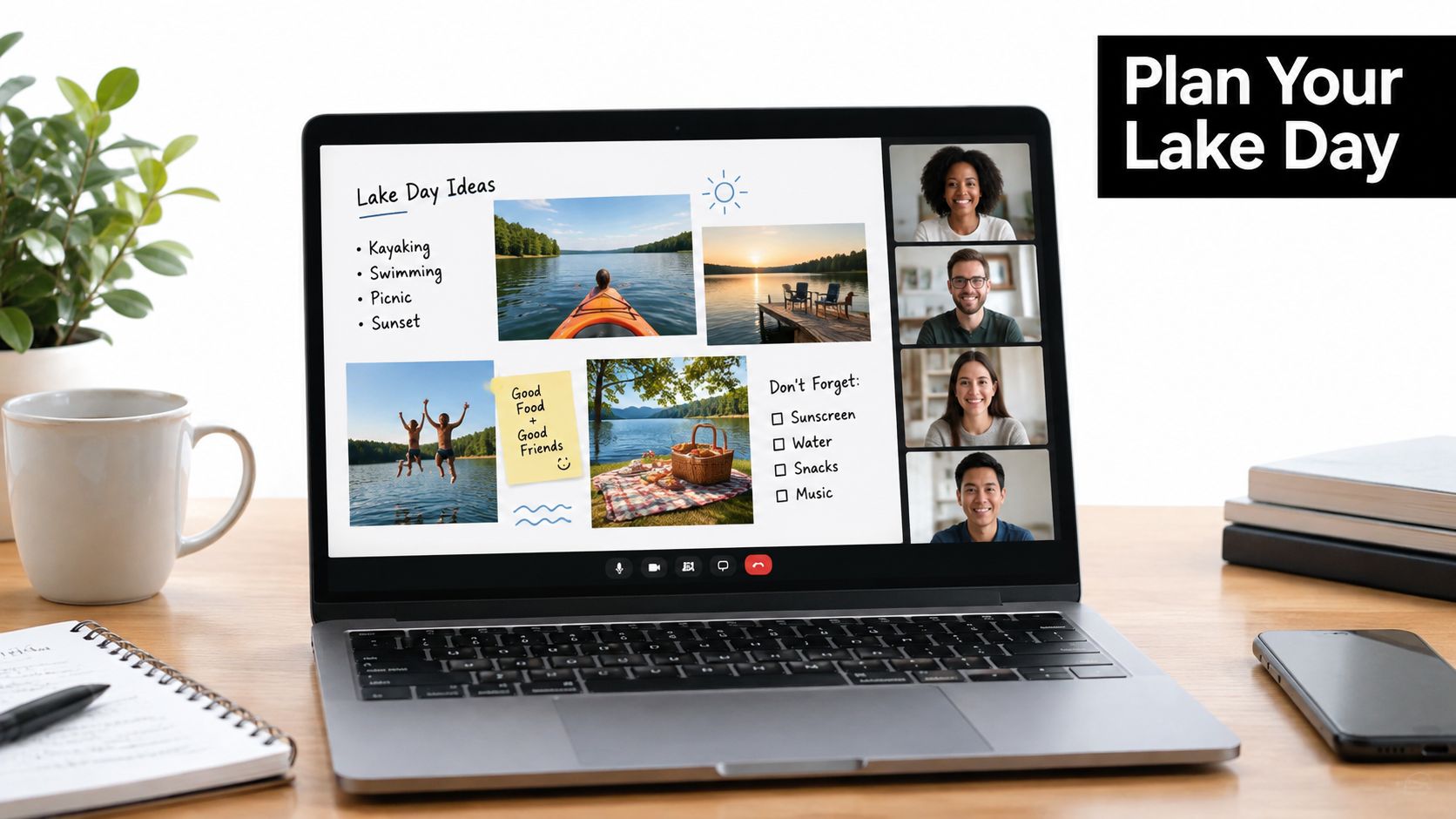 A professional laptop on a wooden desk showing a virtual team meeting planning a fun lake outing.