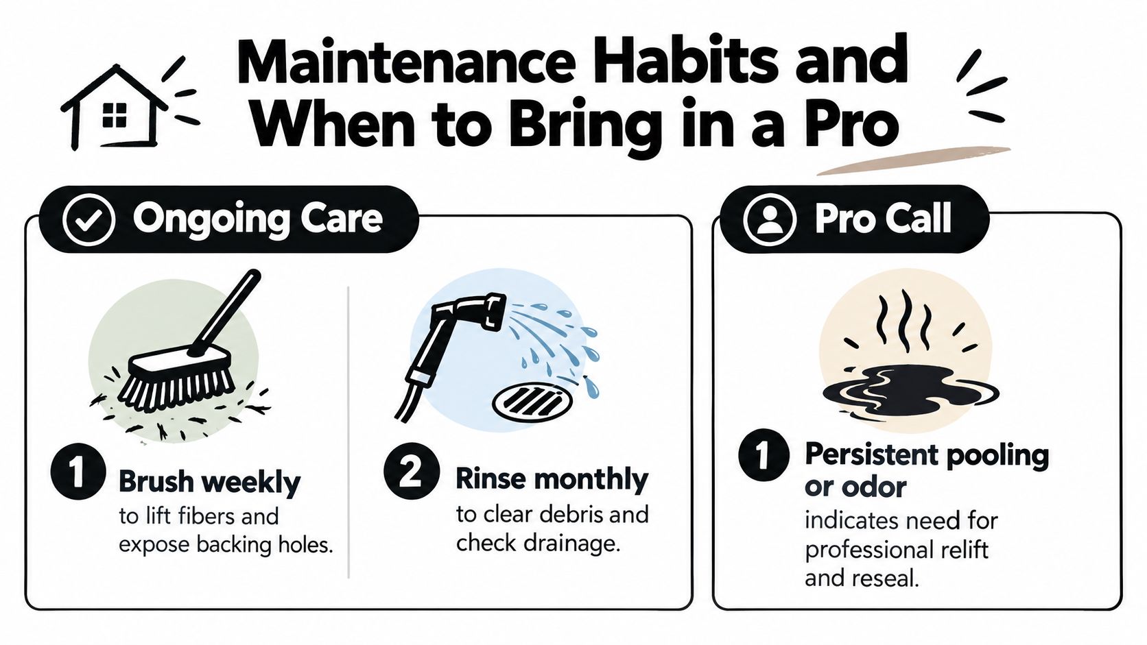 An infographic showing maintenance steps for artificial grass including weekly brushing, monthly rinsing, and professional drainage repair.