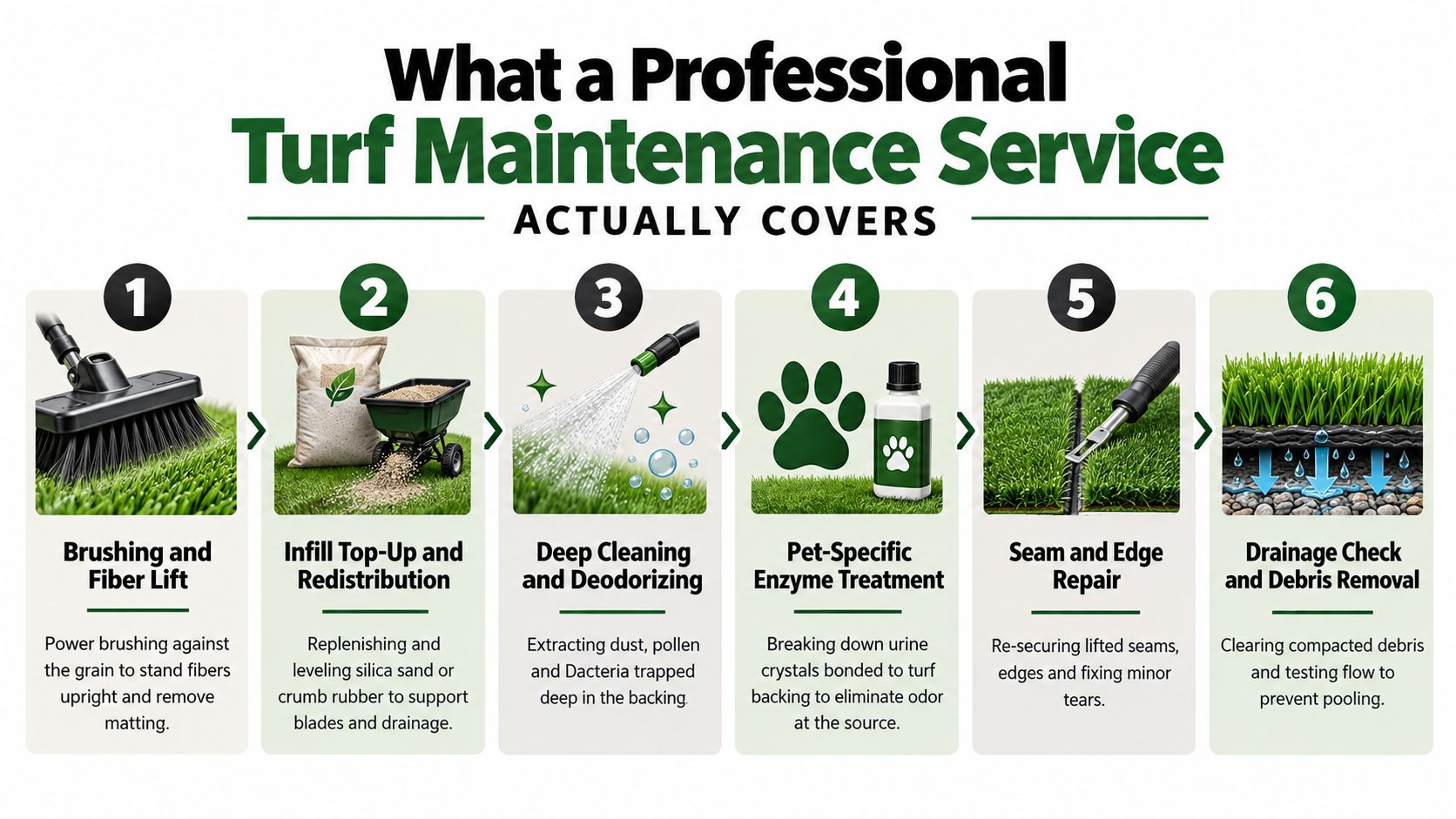 A step-by-step guide illustrating professional artificial turf maintenance services including cleaning, repair, and debris removal.