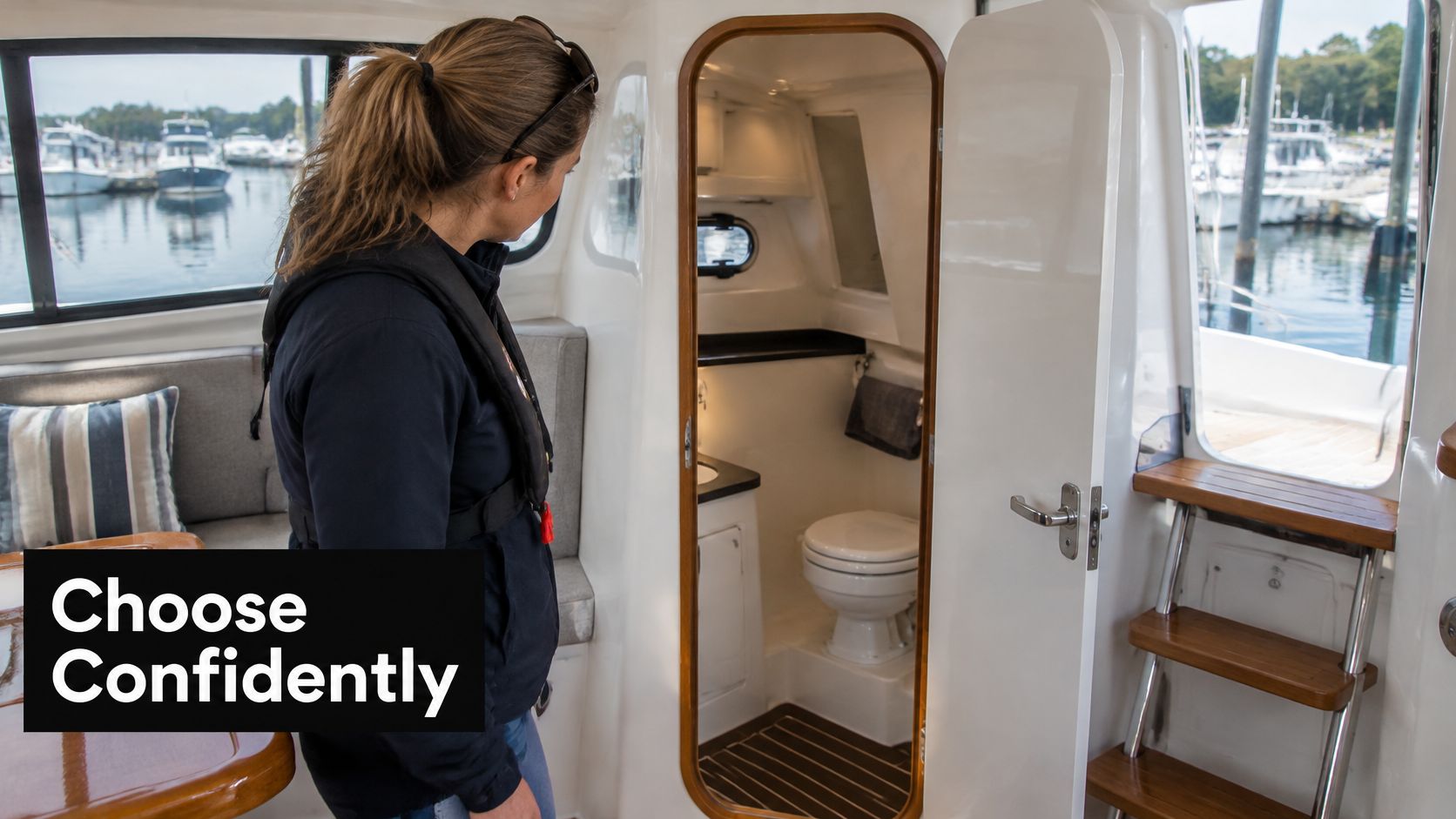 A woman standing inside a modern boat cabin looking into a small, clean, private bathroom compartment.