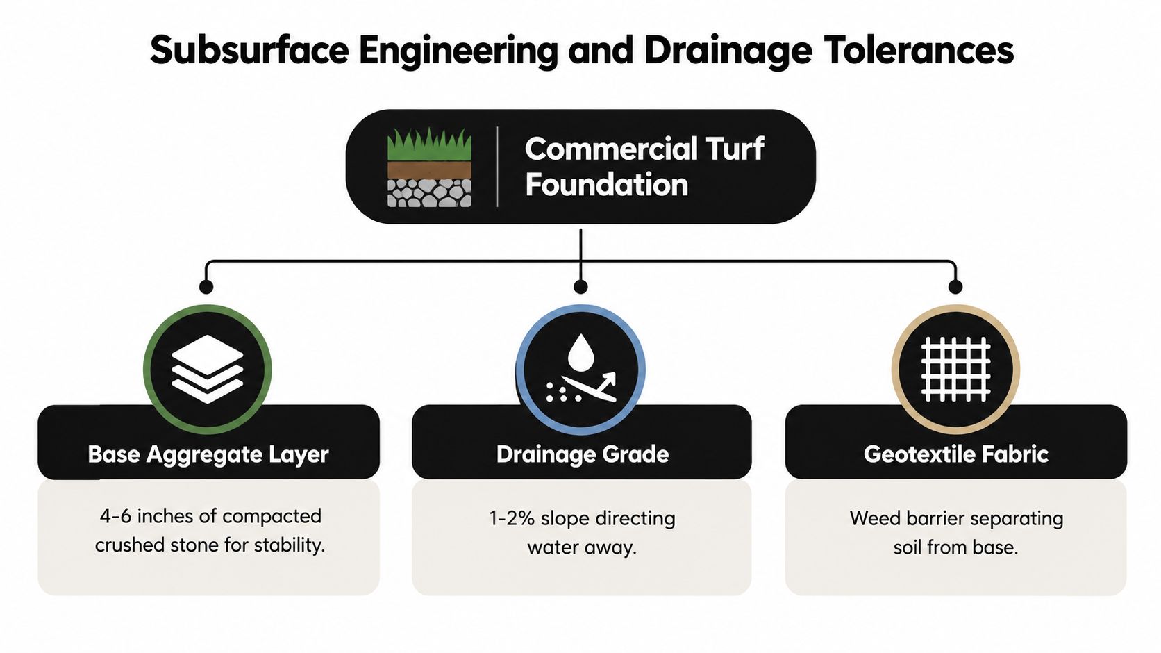 A diagram showing the subsurface engineering and drainage components for a commercial artificial turf foundation installation.
