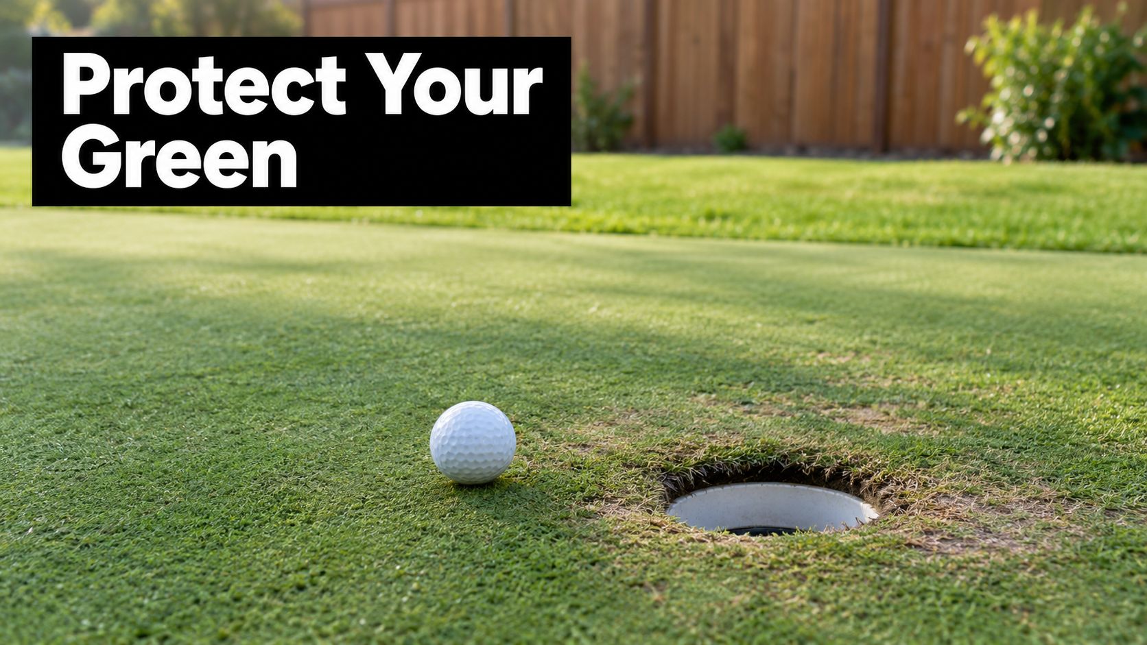 A white golf ball sitting on a lush green putting lawn near the hole in a backyard.