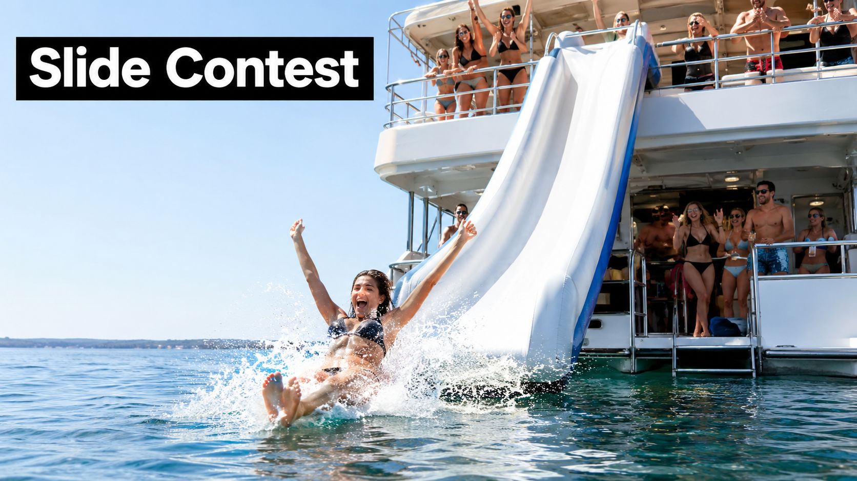 A cheerful woman splashing into the sea while sliding off a large yacht water slide during party