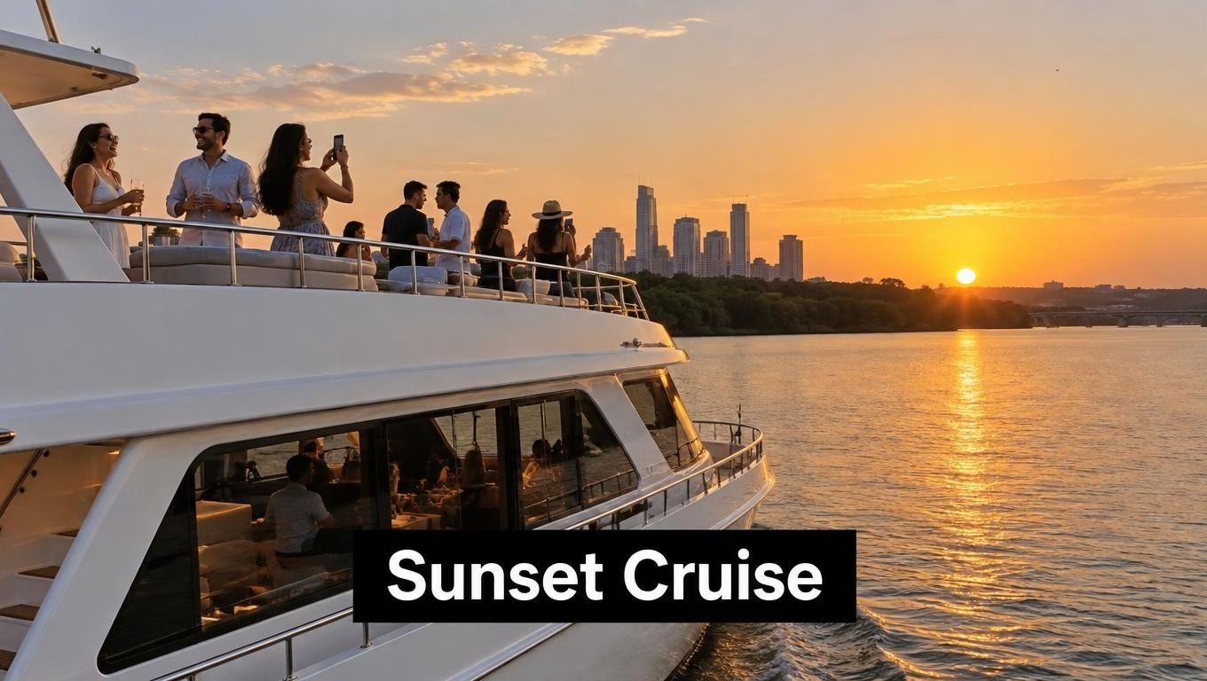 A group of people enjoying a sunset boat cruise on a river with the city skyline visible.
