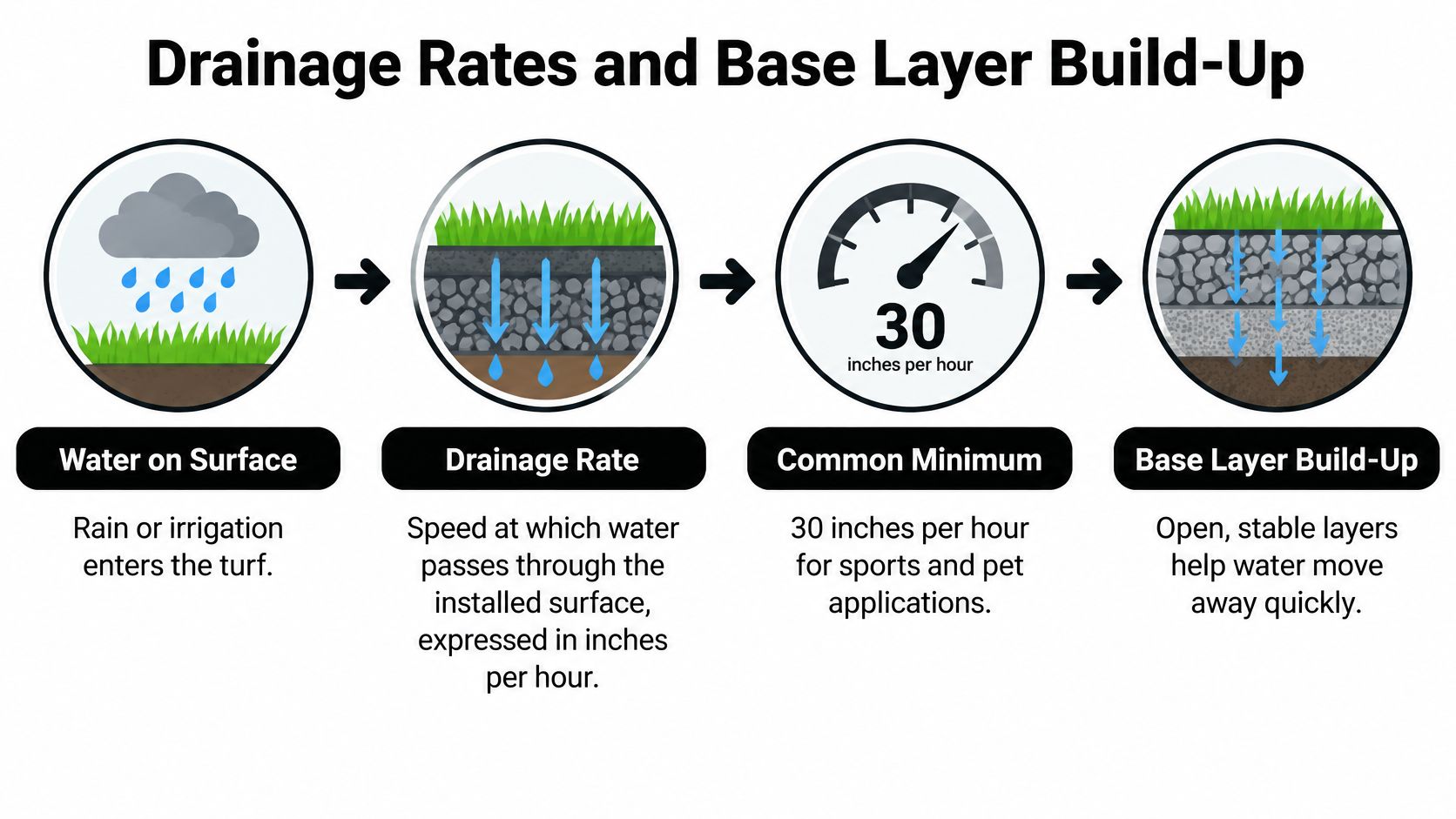 A diagram illustrating artificial turf drainage rates and the importance of properly built stable base layers.