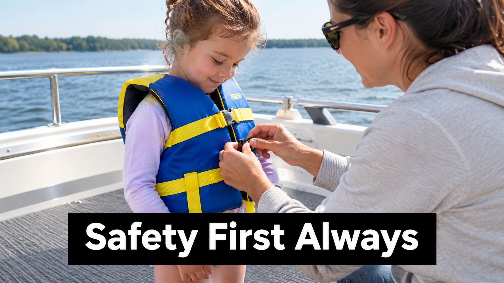 A mother secures a life jacket on her young daughter aboard a boat on a calm lake.