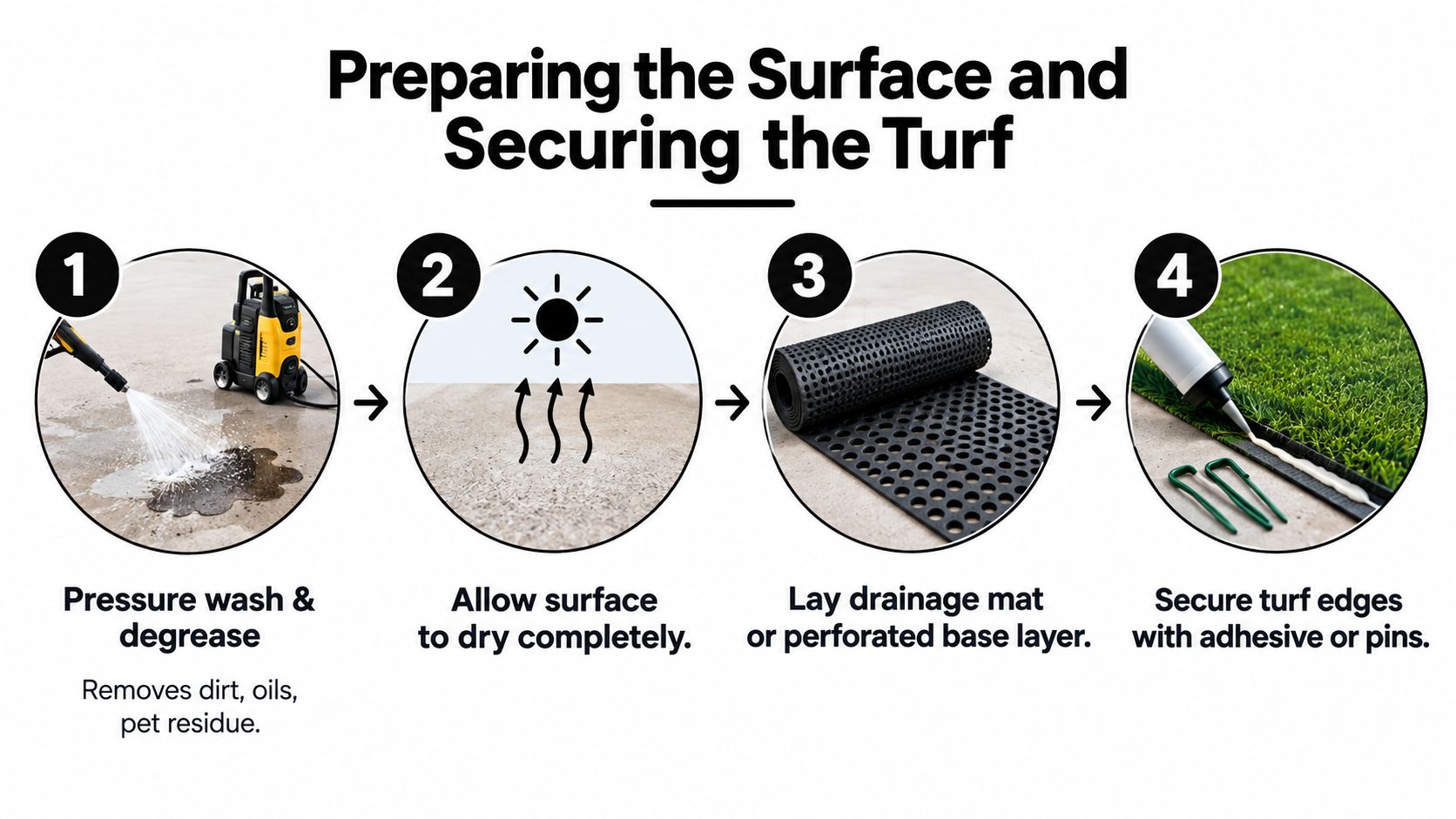 A four-step instructional infographic showing how to prepare a concrete surface for installing artificial grass.