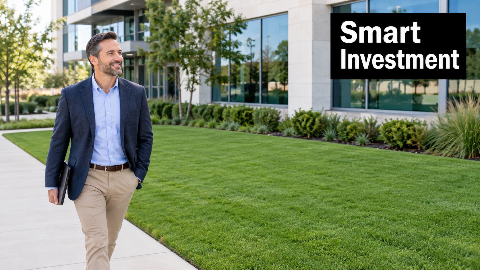 A professional man walking near a modern office building with well-maintained commercial turf installation.