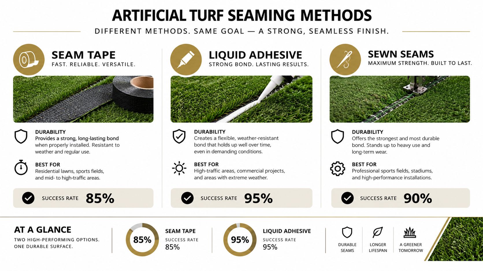 An infographic comparing three methods for joining artificial turf: seam tape, liquid adhesive, and sewn seams.