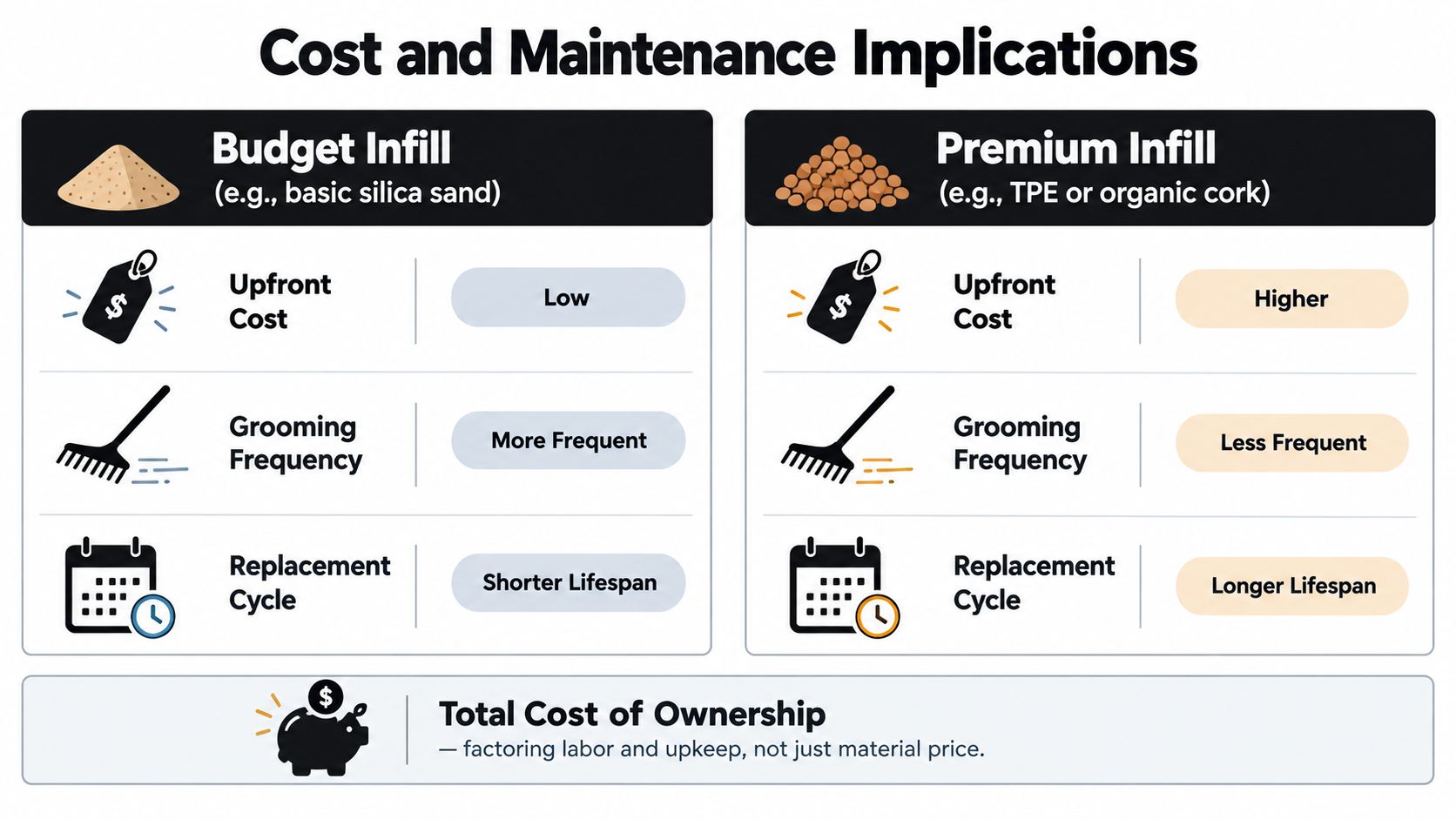 A comparison chart showing budget versus premium infill options for artificial turf regarding costs and maintenance needs.