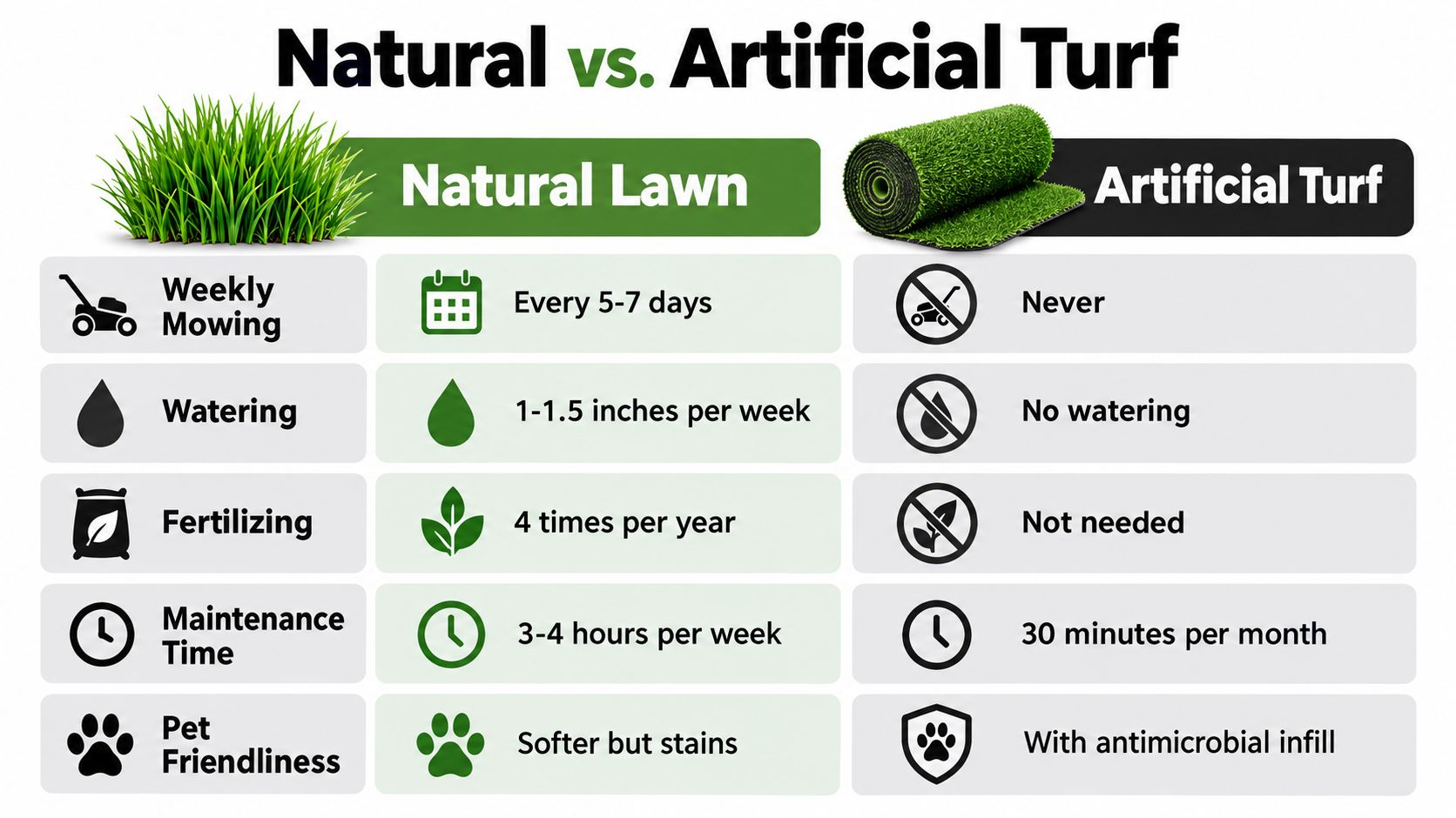 A comparison chart showing the maintenance differences between natural lawns and artificial turf grass.