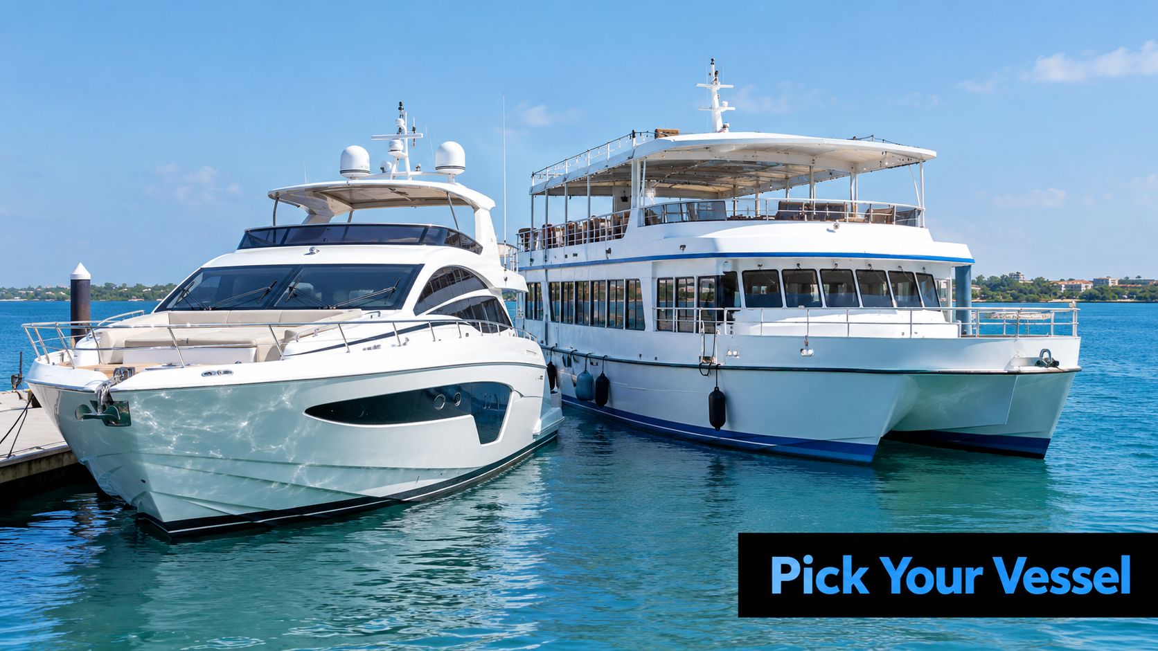 A modern yacht and a large catamaran passenger vessel docked side by side on calm blue water.