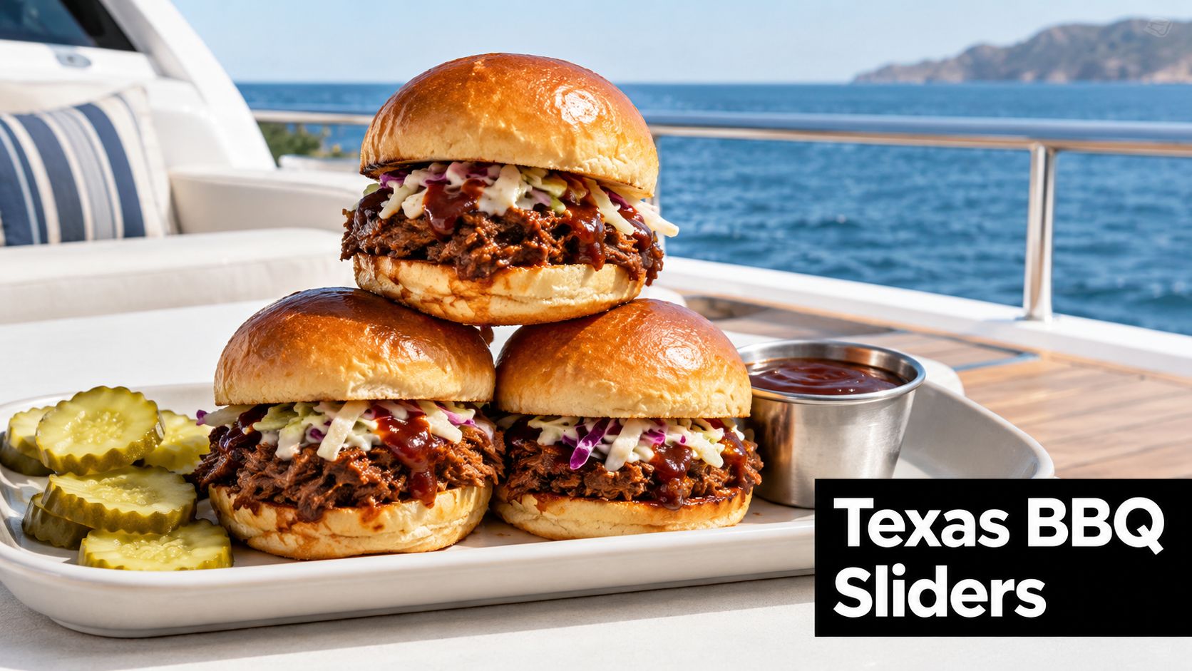 A stack of three delicious Texas BBQ pulled pork sliders with coleslaw served on a white platter.