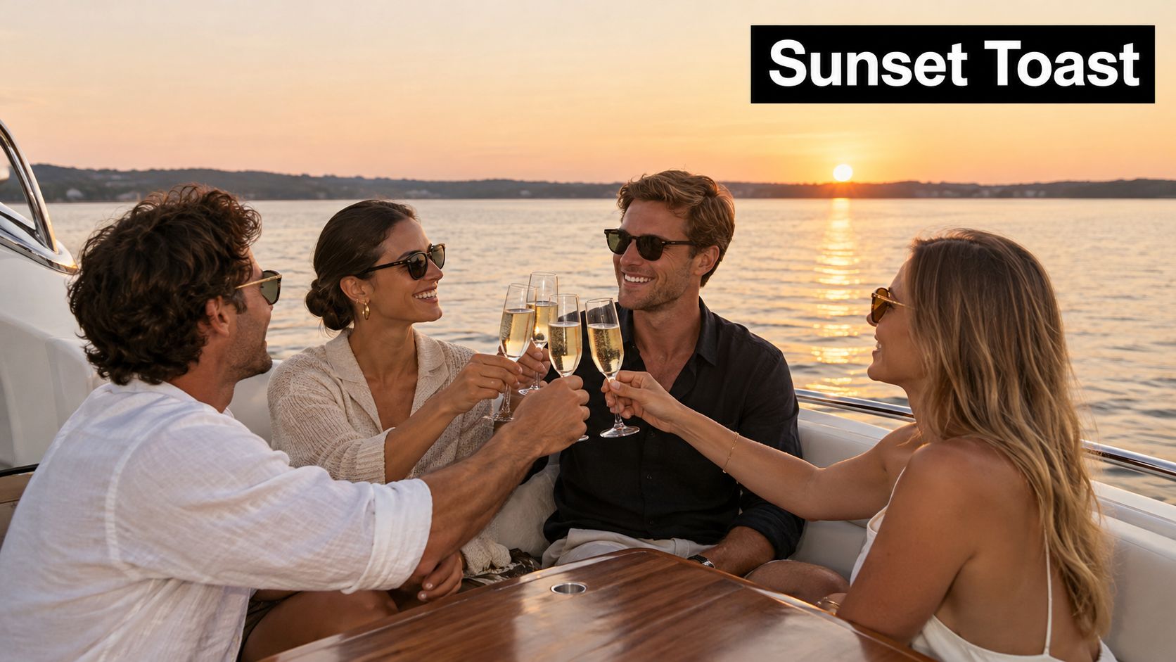 A group of friends laughing and toasting with champagne glasses on a luxury boat at sunset.