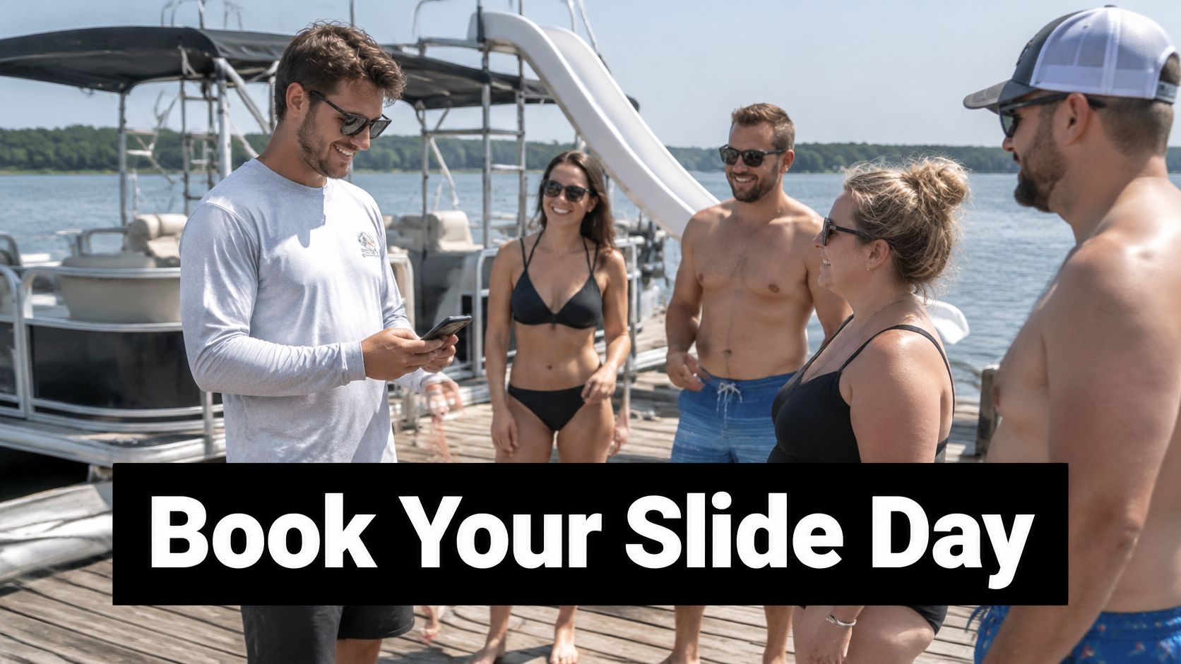 A group of friends planning their boat rental experience while standing on a dock near a pontoon.