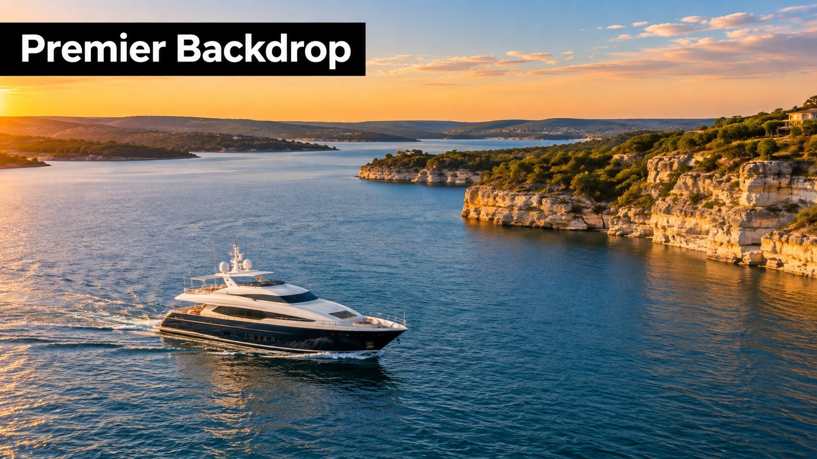A luxurious yacht sailing along a scenic coastline during a beautiful golden hour sunset.
