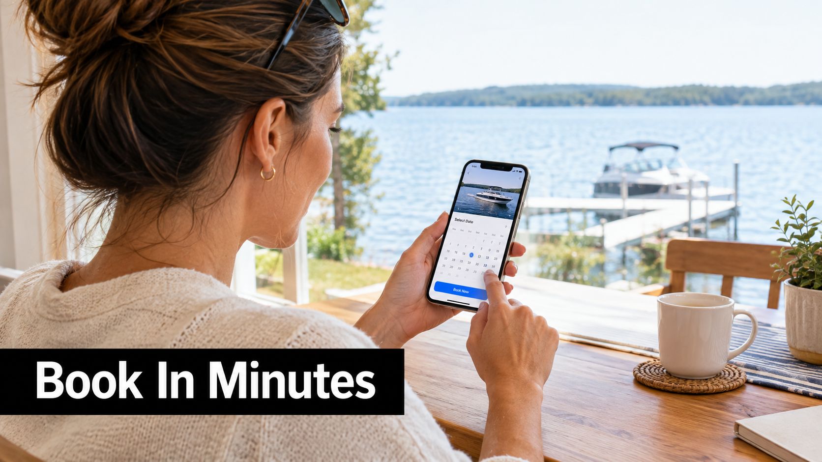 A woman using her smartphone to book a boat rental online while sitting by a lake.