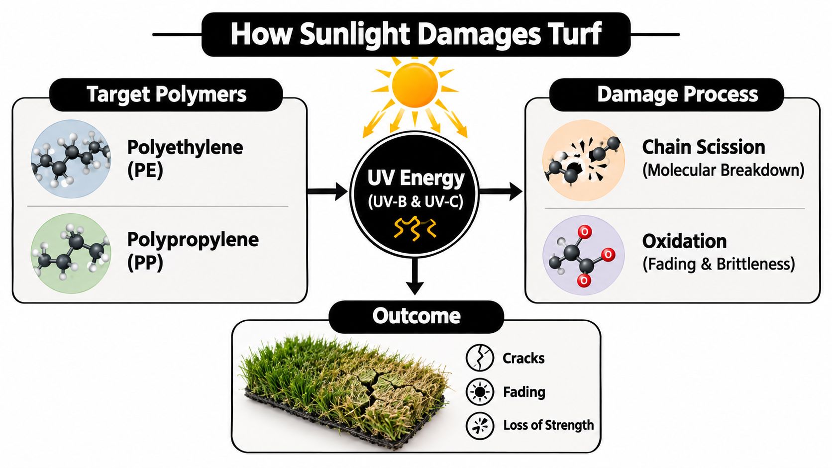 A diagram explaining how UV energy damages artificial turf polymers, leading to cracks, fading, and brittleness.
