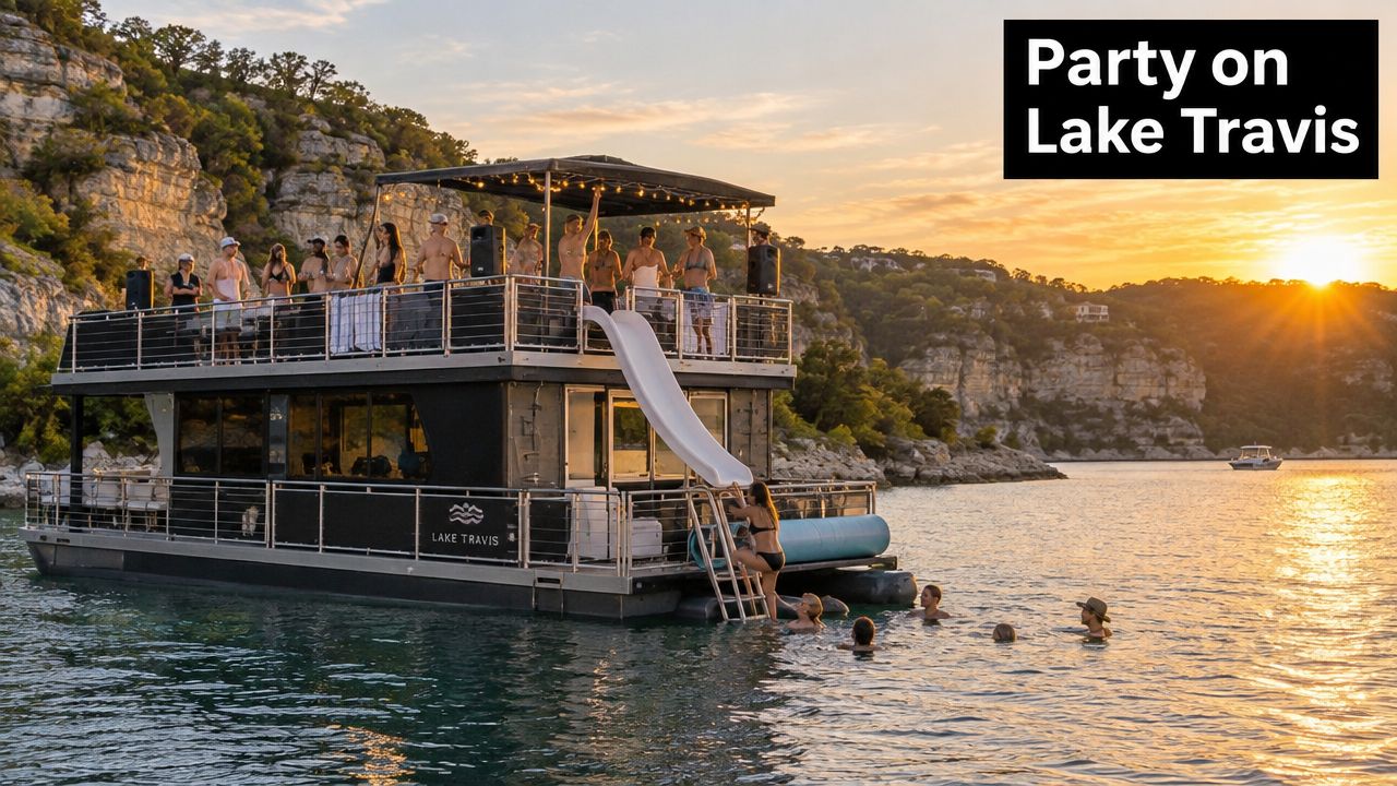 A group of people enjoy a sunset party on a double-decker boat on Lake Travis in Texas.