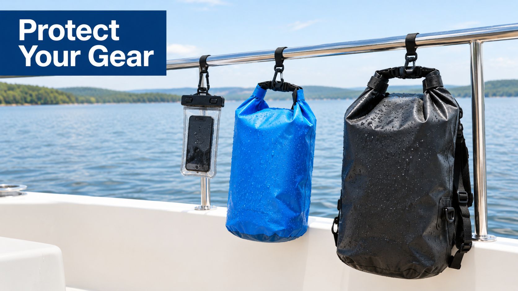 Three waterproof bags and a phone case hanging on a boat railing above a lake.