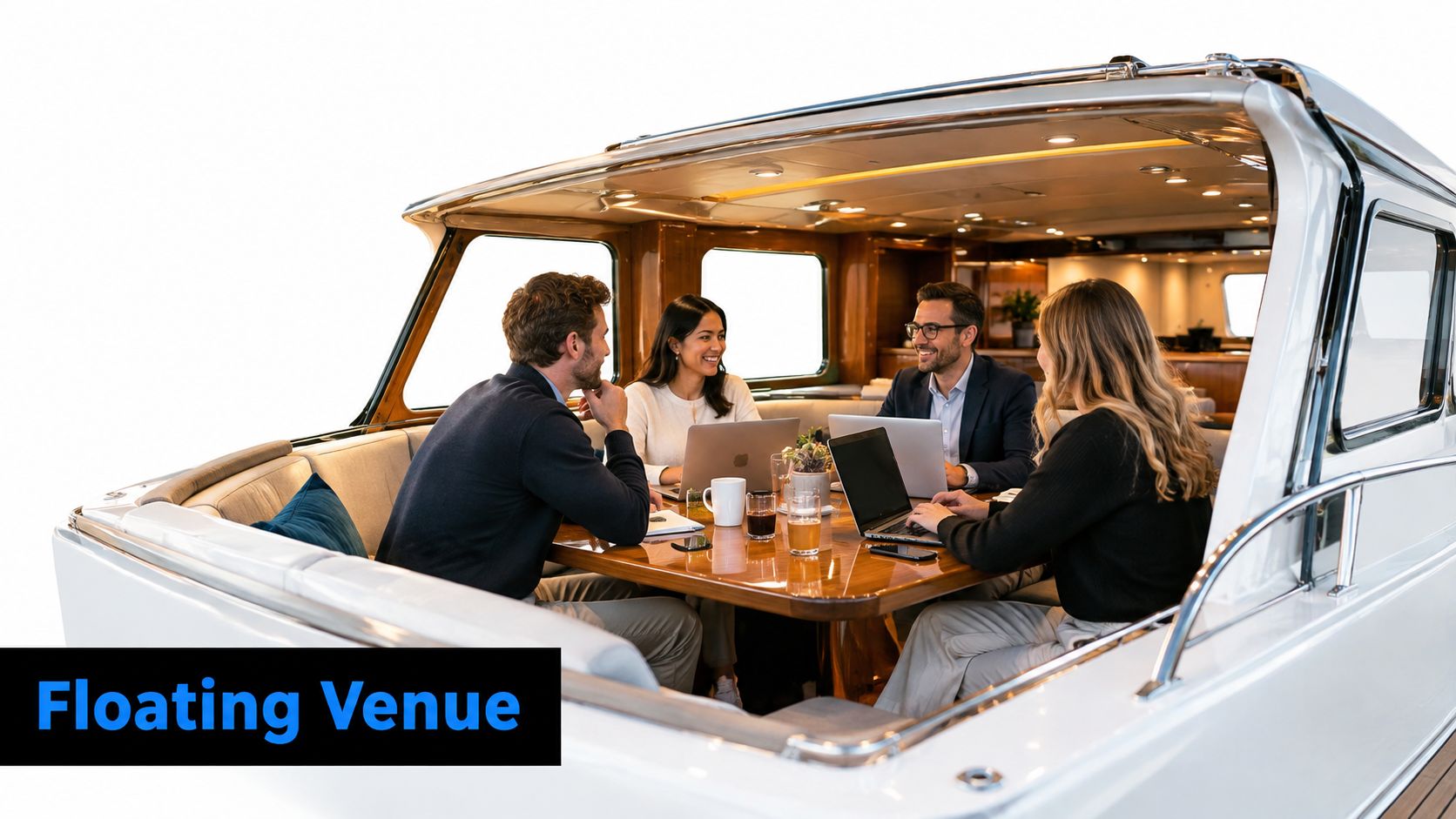 A professional team holding a corporate meeting on a luxurious boat with laptops and drinks.