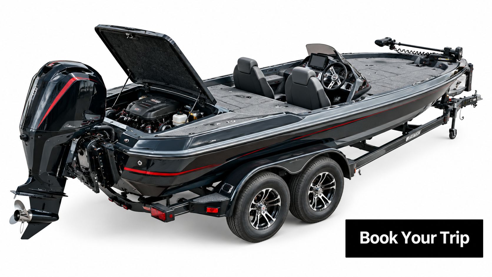 A black bass fishing boat with an outboard motor on a trailer, ready for a fishing trip.