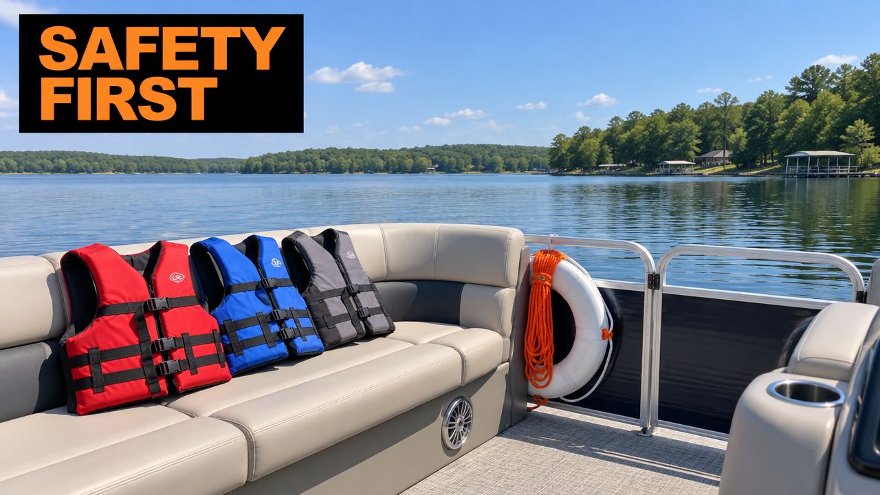 A row of colorful life jackets resting on the beige seating of a pontoon boat on a lake.
