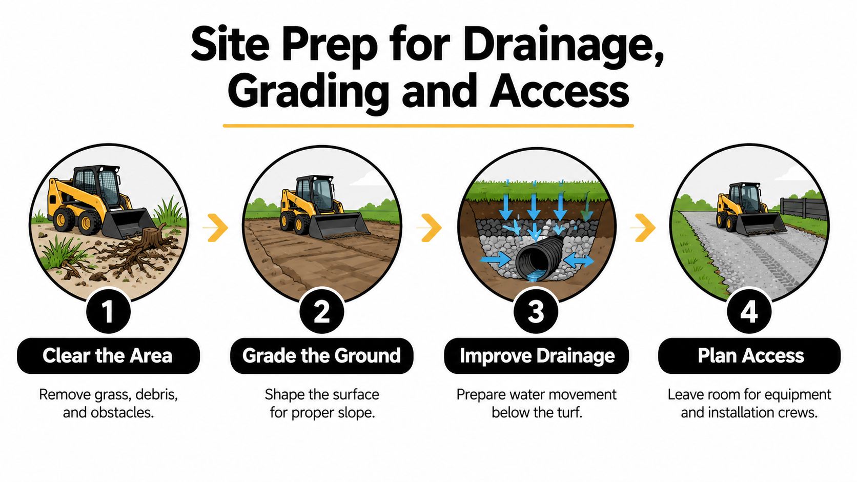 An infographic showing four steps for residential artificial turf installation including clearing, grading, drainage, and access.