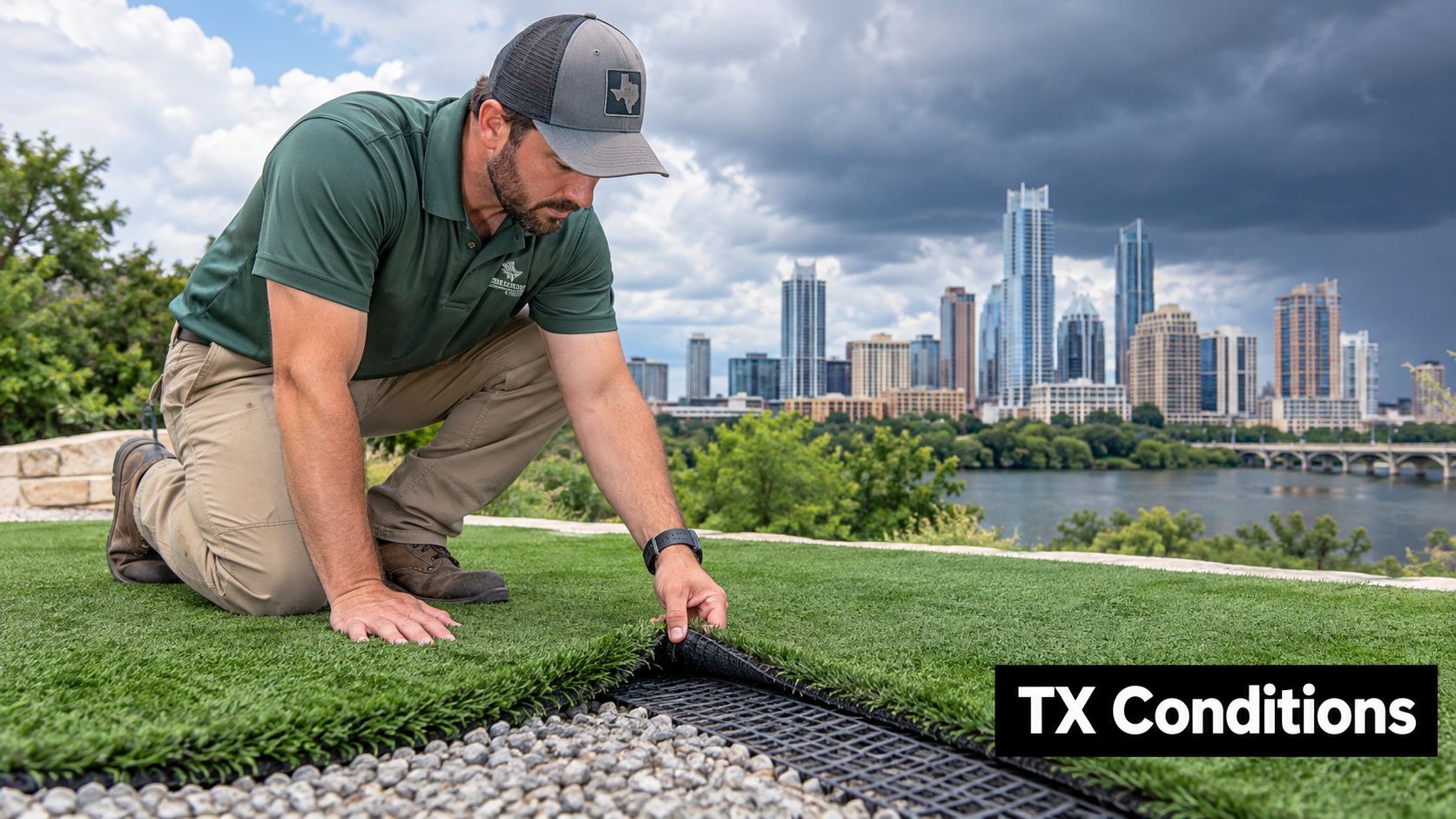 A professional installer places artificial grass over a gravel base with the Austin skyline in background.