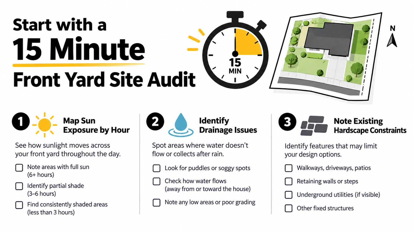 An infographic titled Start with a 15 Minute Front Yard Site Audit showing three steps for planning.