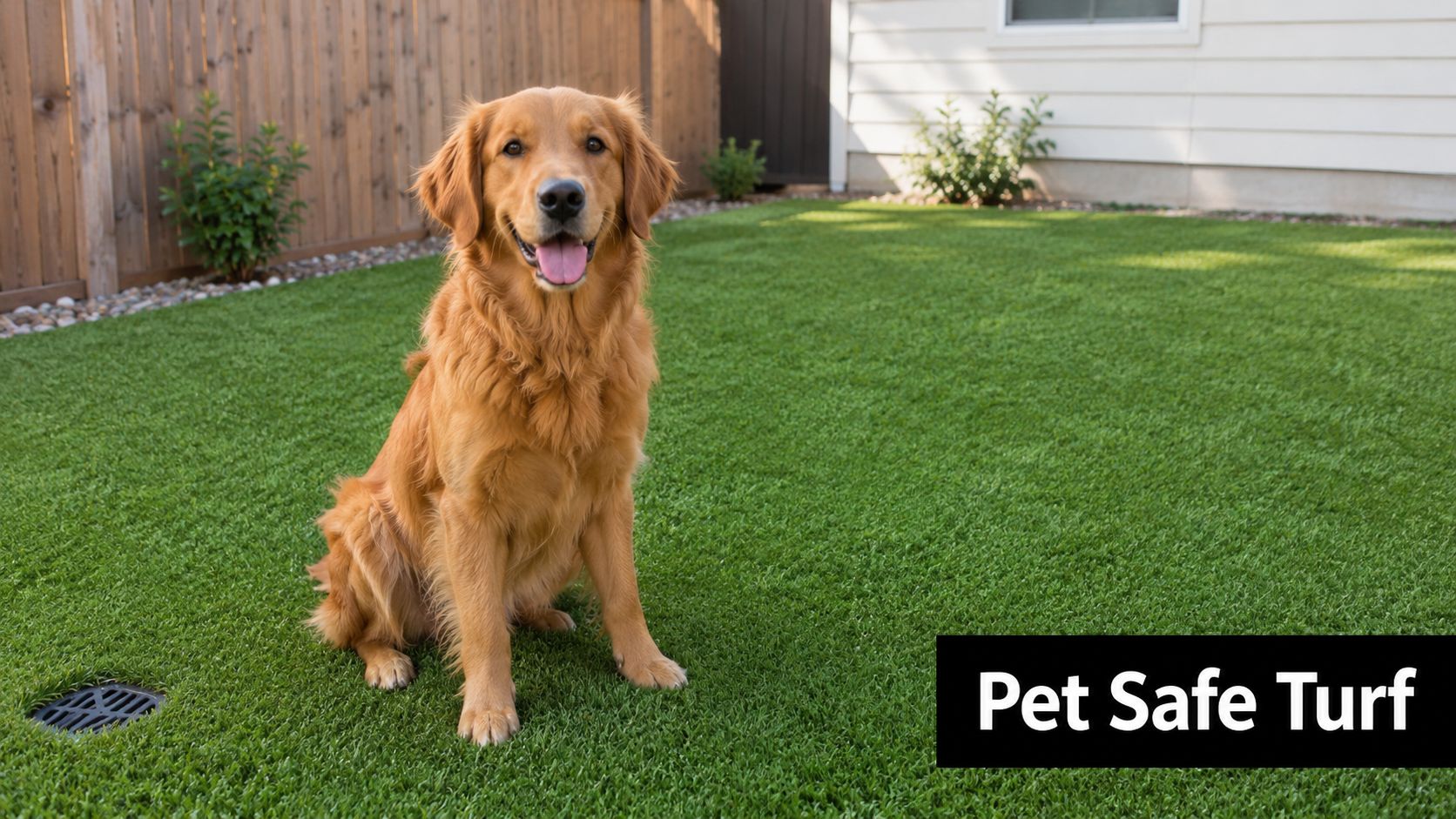 A happy golden retriever sits on a lush, realistic artificial turf lawn in a suburban backyard.