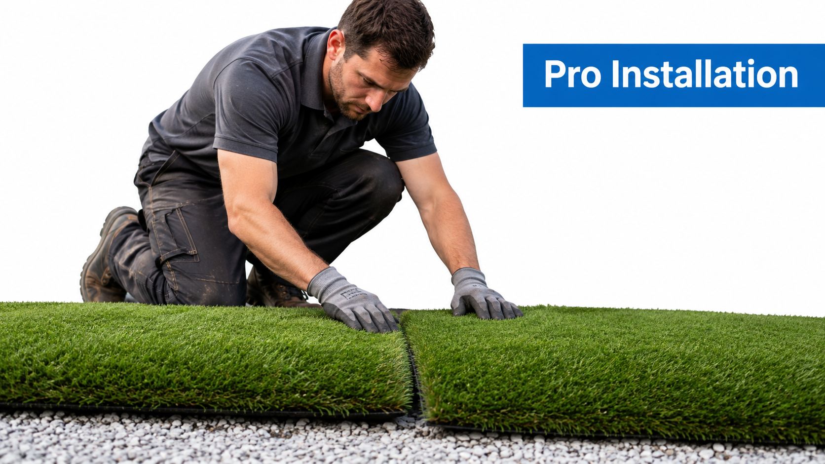 A professional installer carefully joins two pieces of artificial turf on a gravel base for seamless installation.