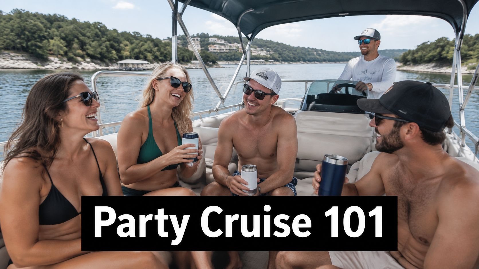 A group of friends laughing and drinking while enjoying a boat trip on Lake Travis during summer.