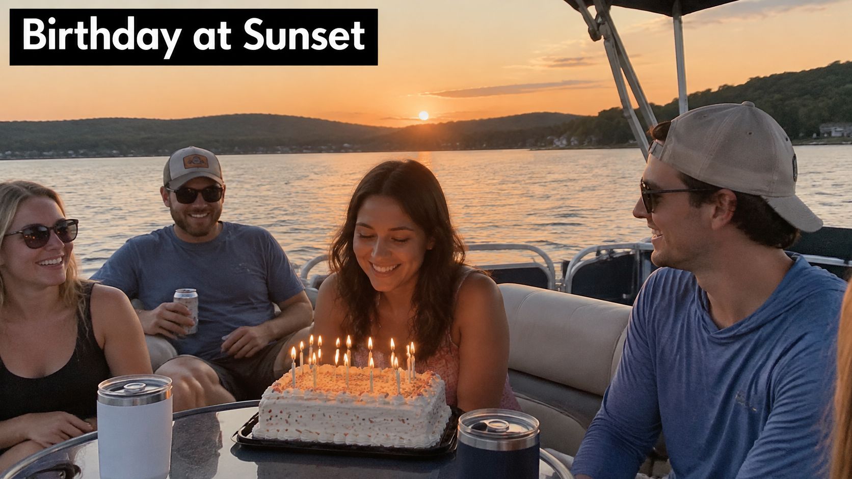 A group of friends celebrating a birthday on a pontoon boat during a scenic sunset on water.