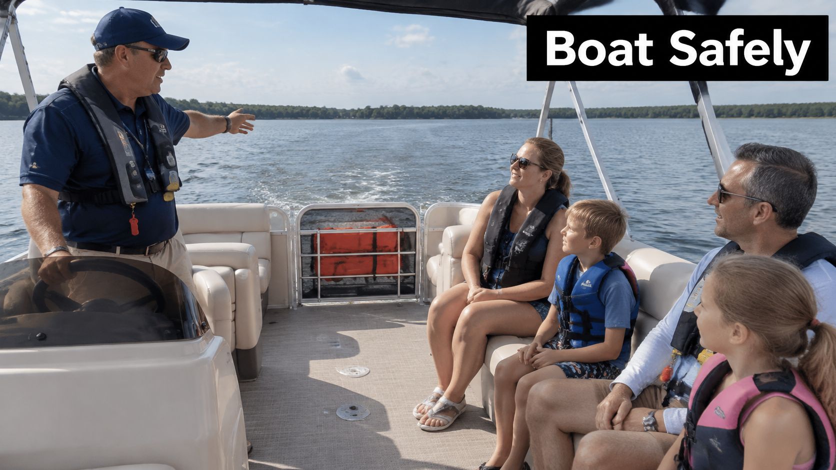 A boat captain gives safety instructions to a family sitting on a pontoon party boat.