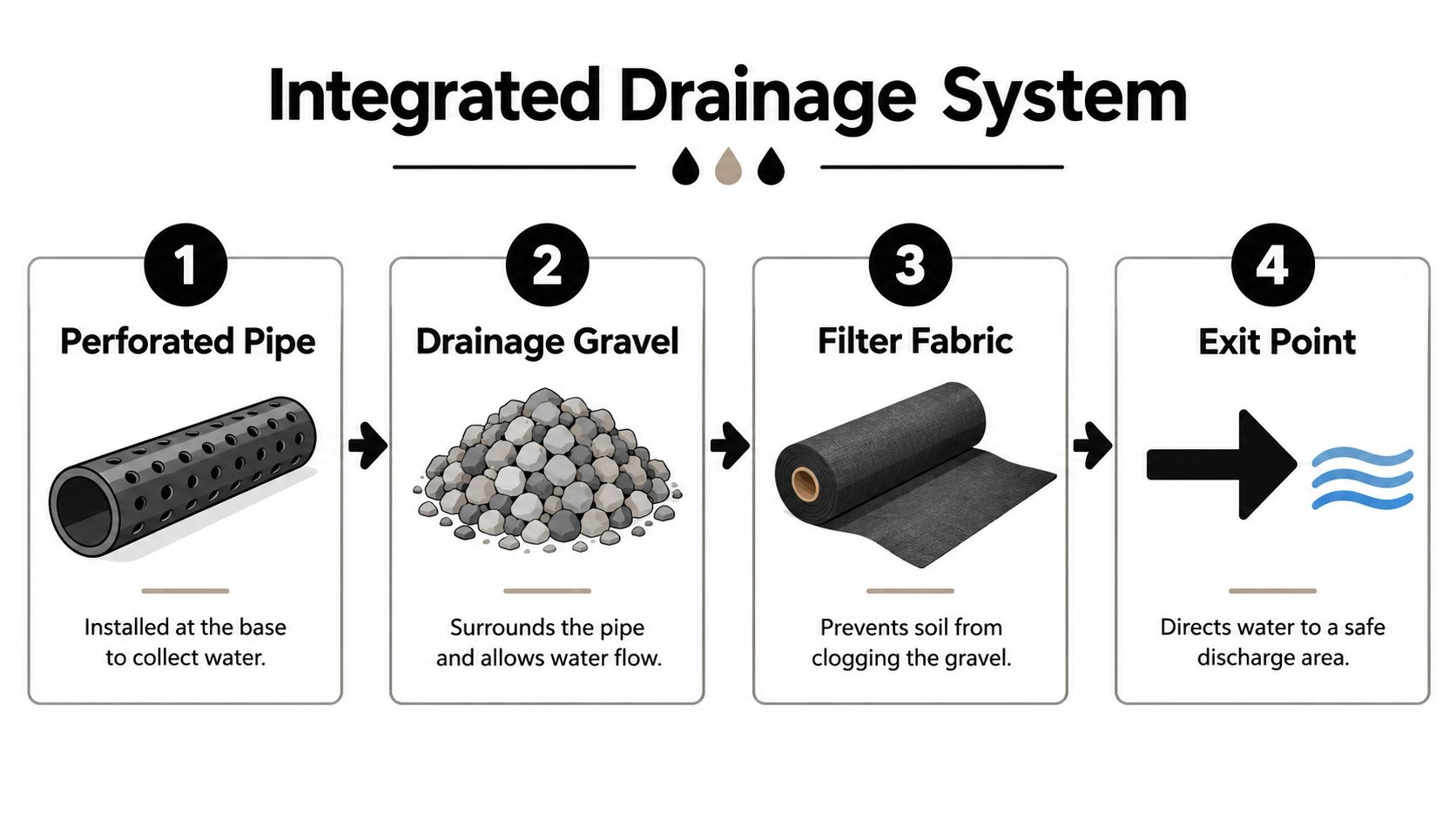 An infographic detailing the four steps of an integrated drainage system including pipe, gravel, fabric, and exit.