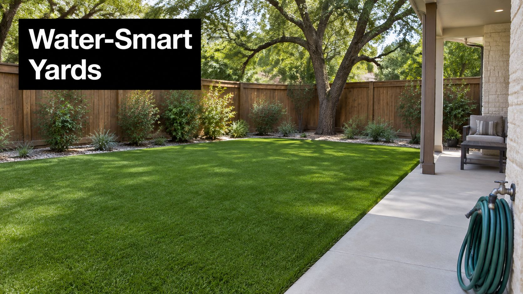 A manicured backyard featuring lush artificial turf, native landscaping, a wood fence, and a covered patio area.