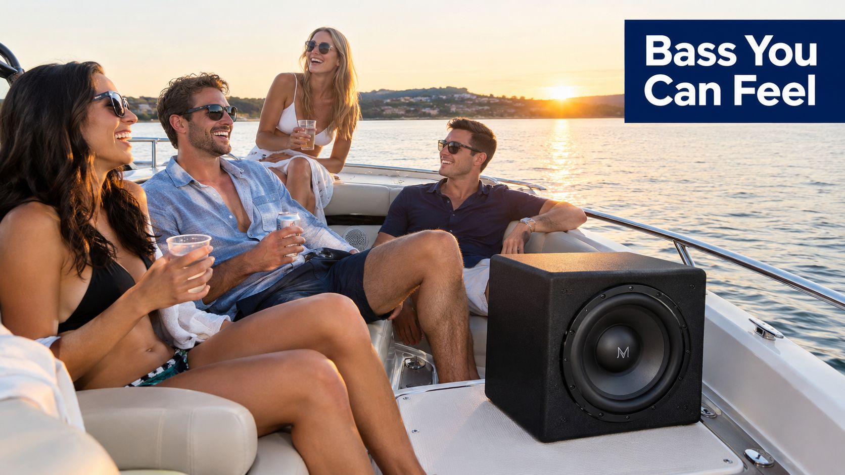 A group of friends laughing and drinking while enjoying music on a boat with a powerful subwoofer.