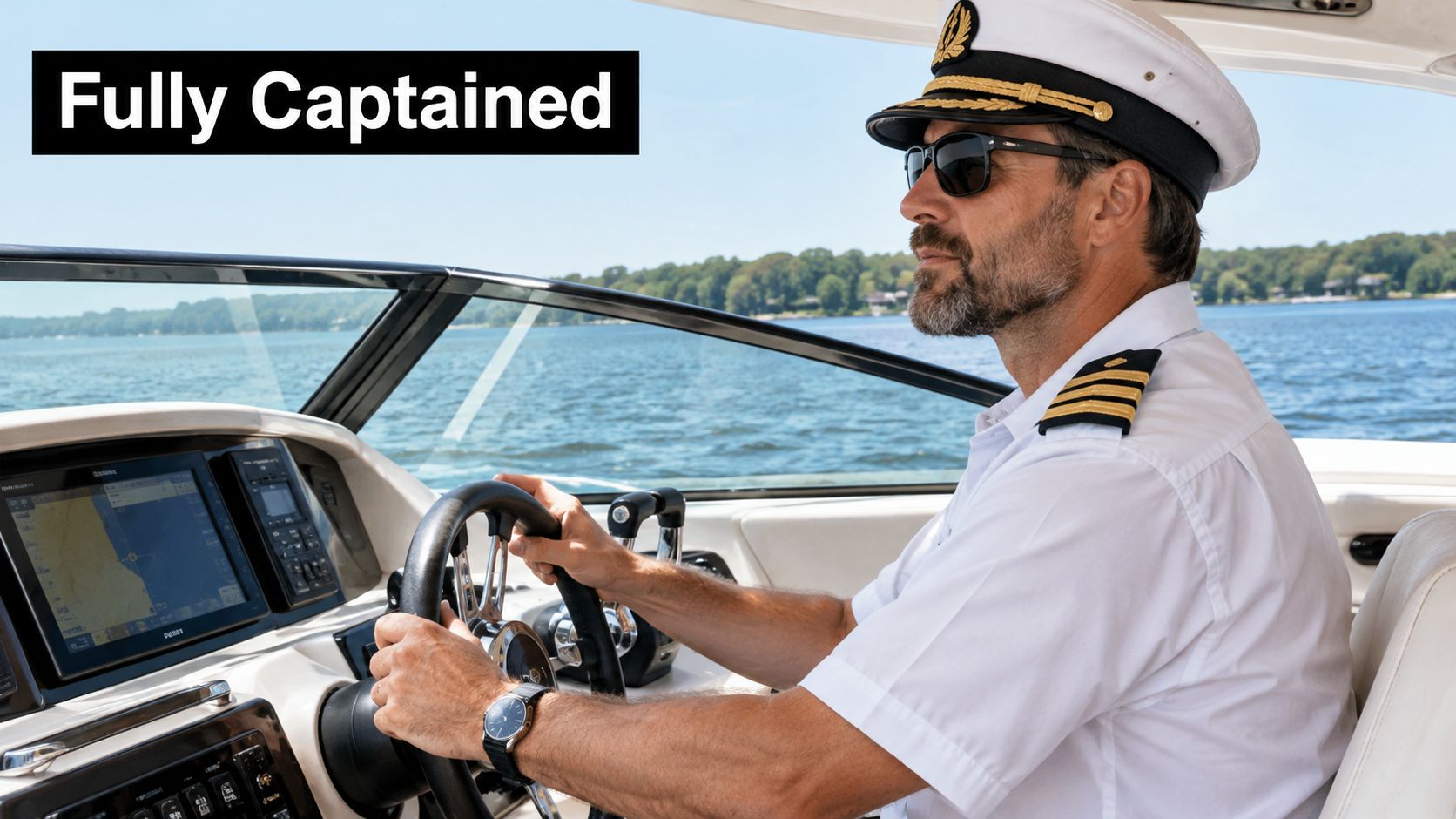 A professional boat captain wearing a uniform and sunglasses, steering a luxury yacht on a sunny day.
