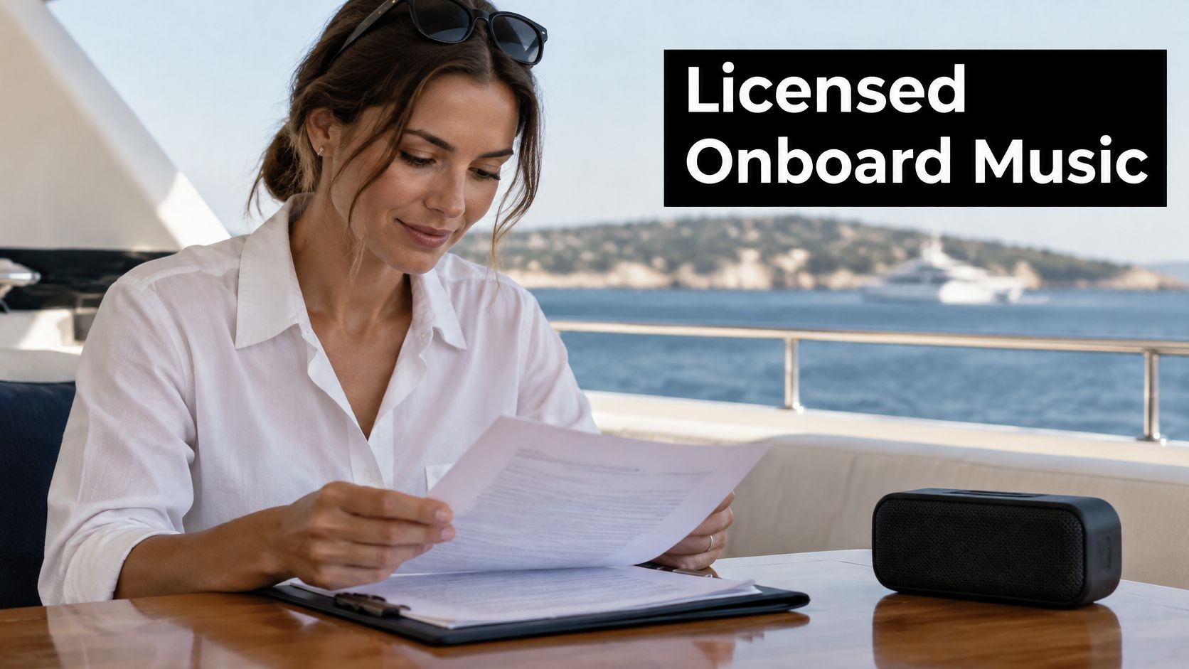 A woman reviewing documents on a yacht deck with a portable speaker sitting on the table nearby.